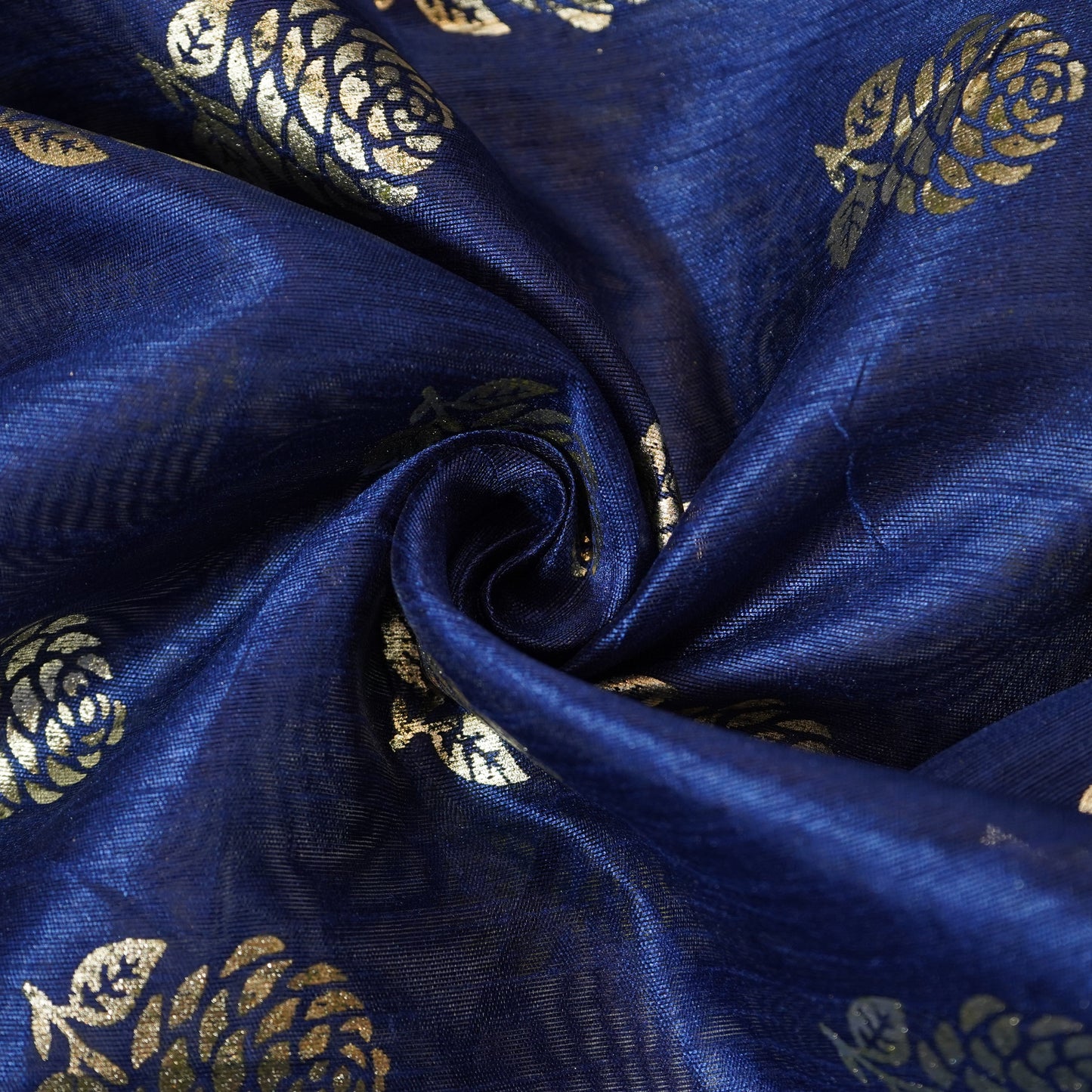 Navy Blue Golden Floral  with foil Chanderi Fabric