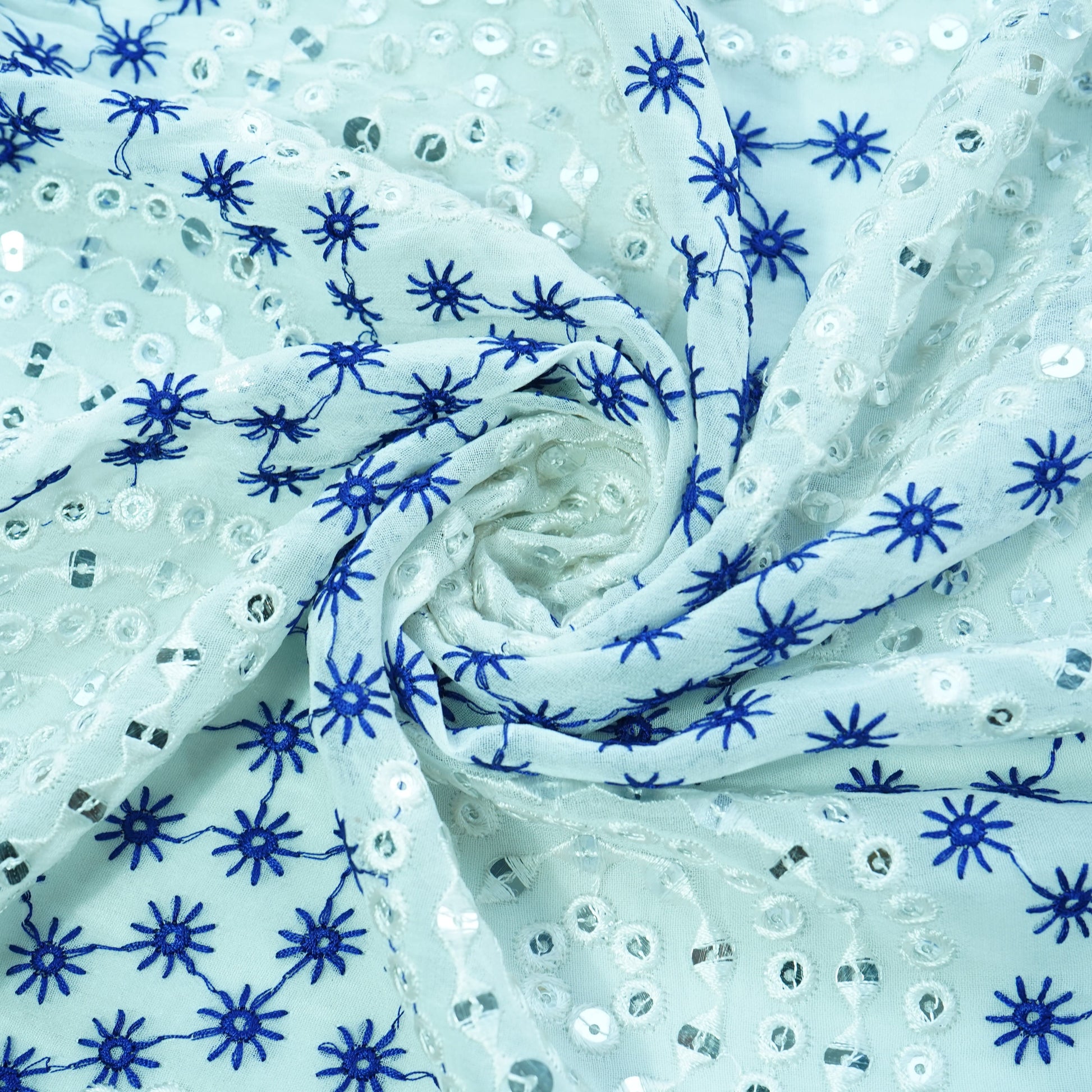 Off White Blue Thread Embroidery Georgette Fabric