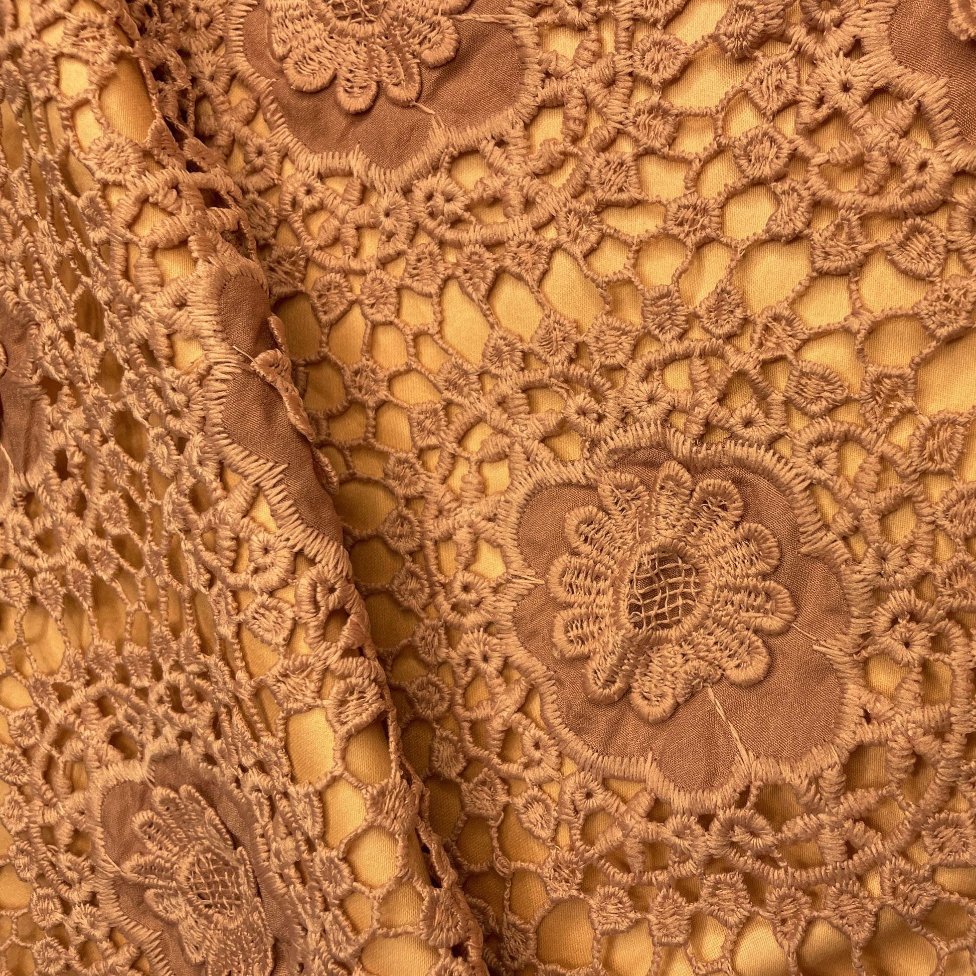 Premium Brown 3D Abstract Floral Embroidery Schiffli Crepe Fabric