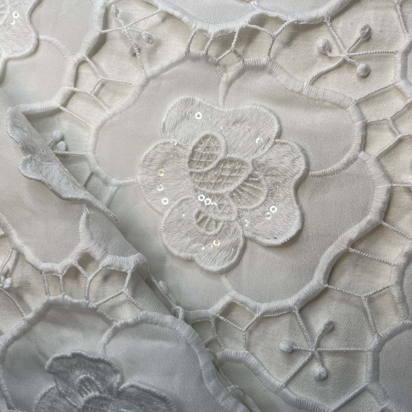 Premium White 3D Floral Sequins Embroidery Schiffli Crepe Fabric