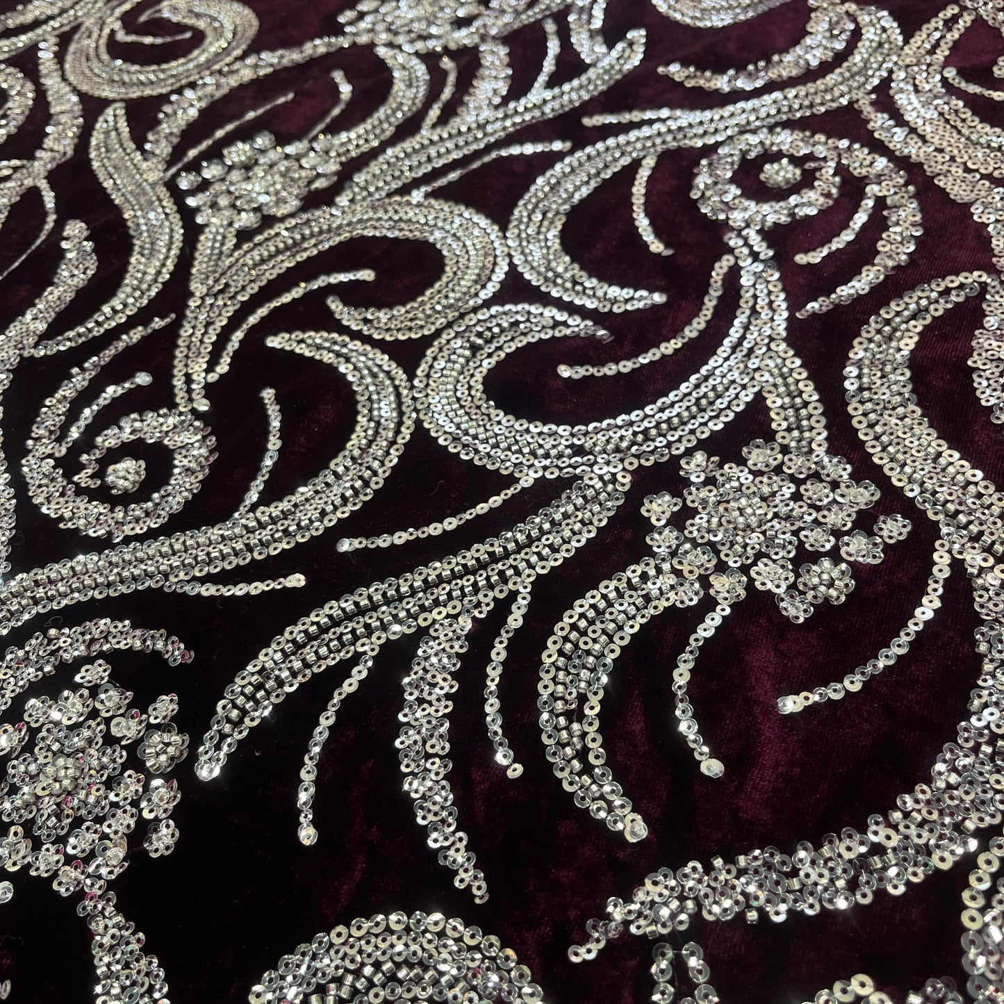 Maroon Sequins Cutdana Embroidery Velvet Fabric 19987