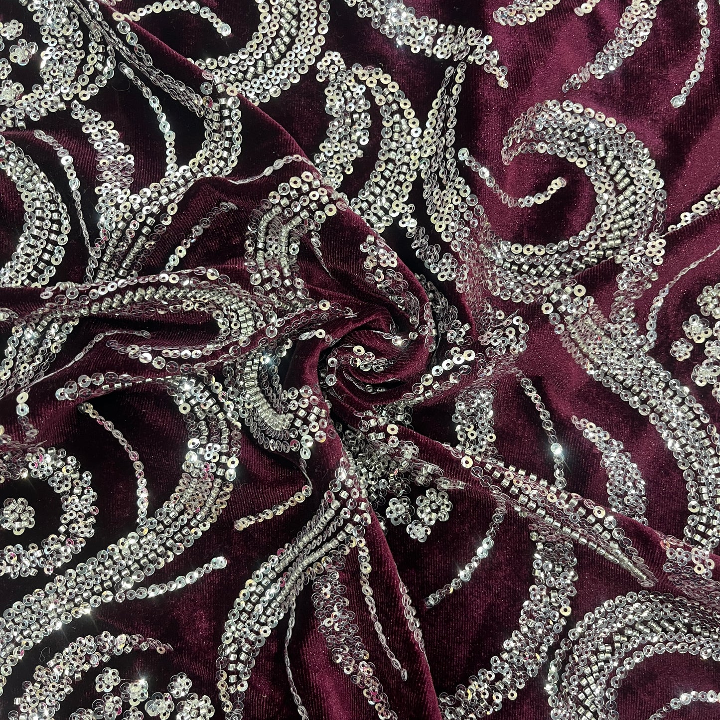 Maroon Sequins Cutdana Embroidery Velvet Fabric 19987