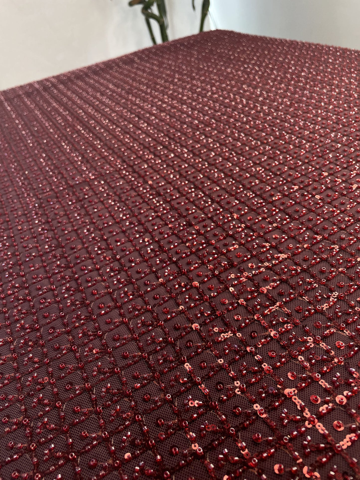 Premium Pomegranate Red Heavy Pearl Sequins CutDana Embroidery Net Fabric