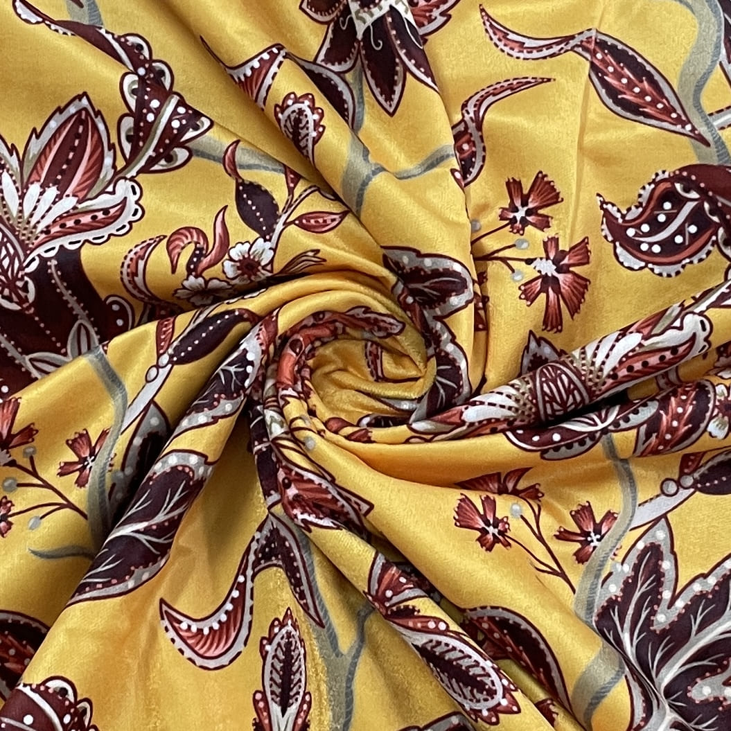 Classic Mustard Yellow Floral Print Velvet Fabric