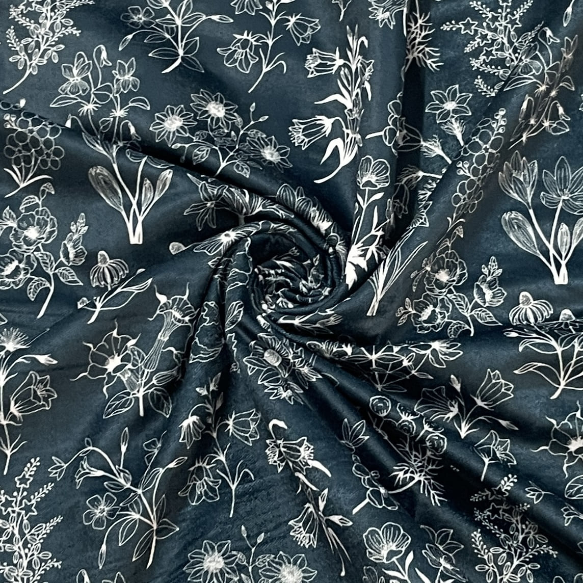 Classic Teal Blue White Floral Motif Print Velvet Fabric