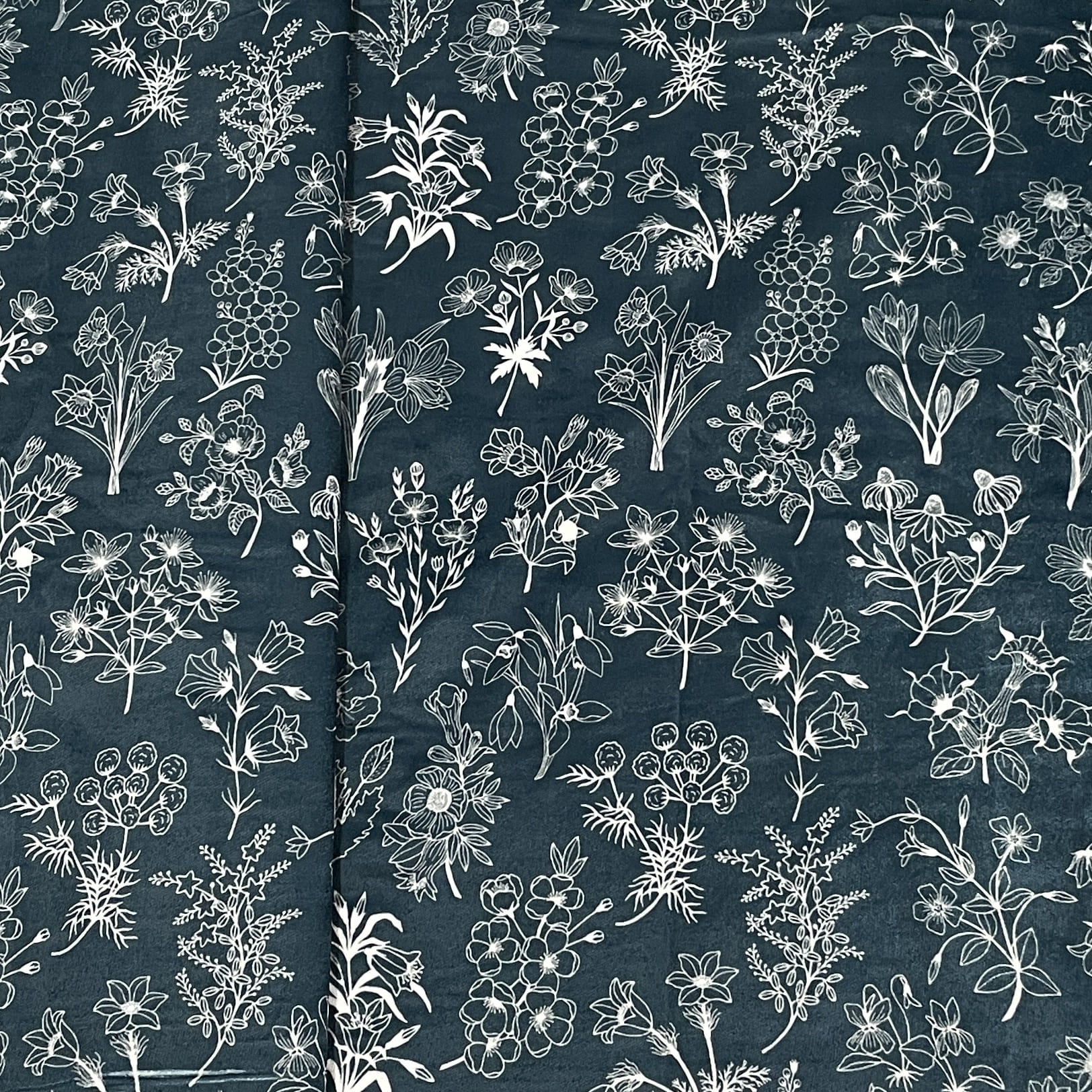 Classic Teal Blue White Floral Motif Print Velvet Fabric