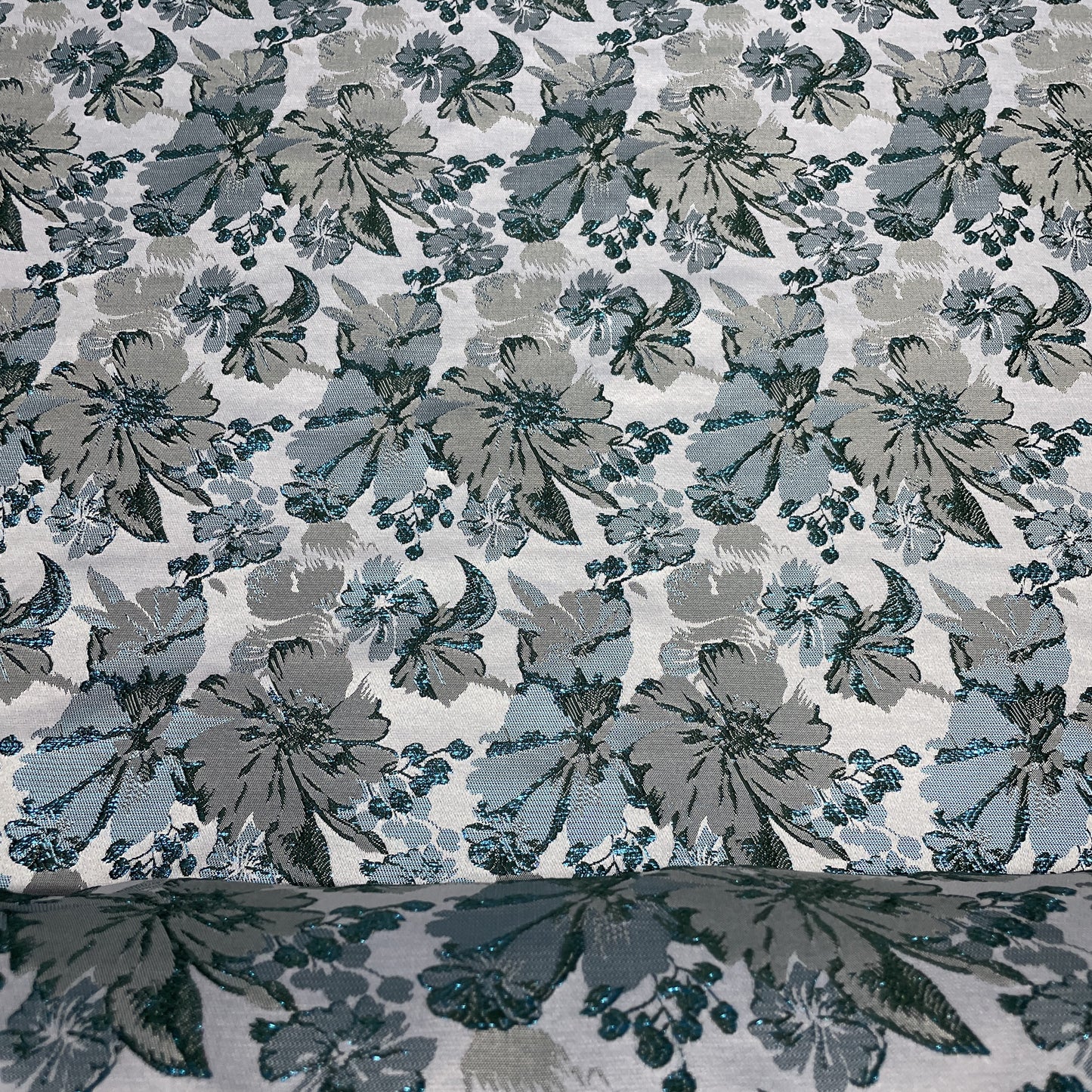 White Dark Green Floral Brocade Jacquard Fabric