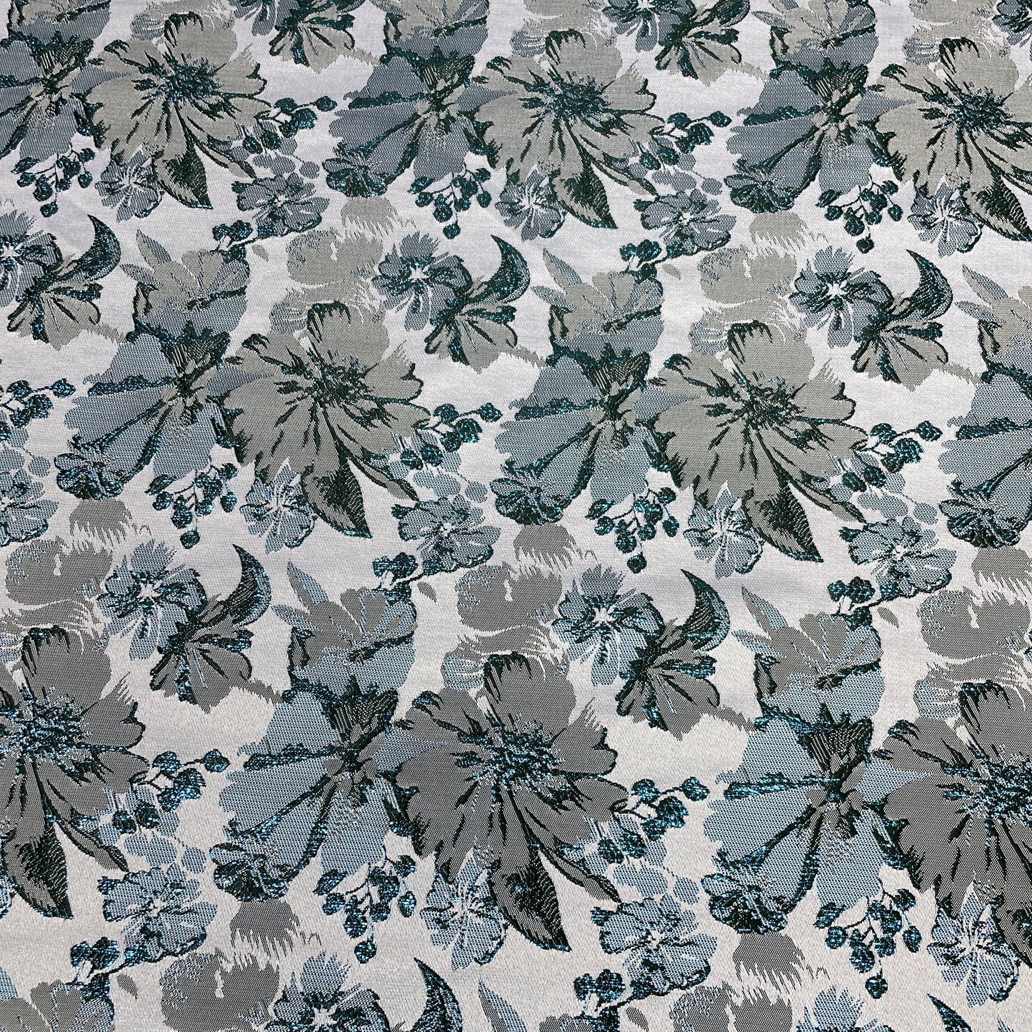 White Dark Green Floral Brocade Jacquard Fabric