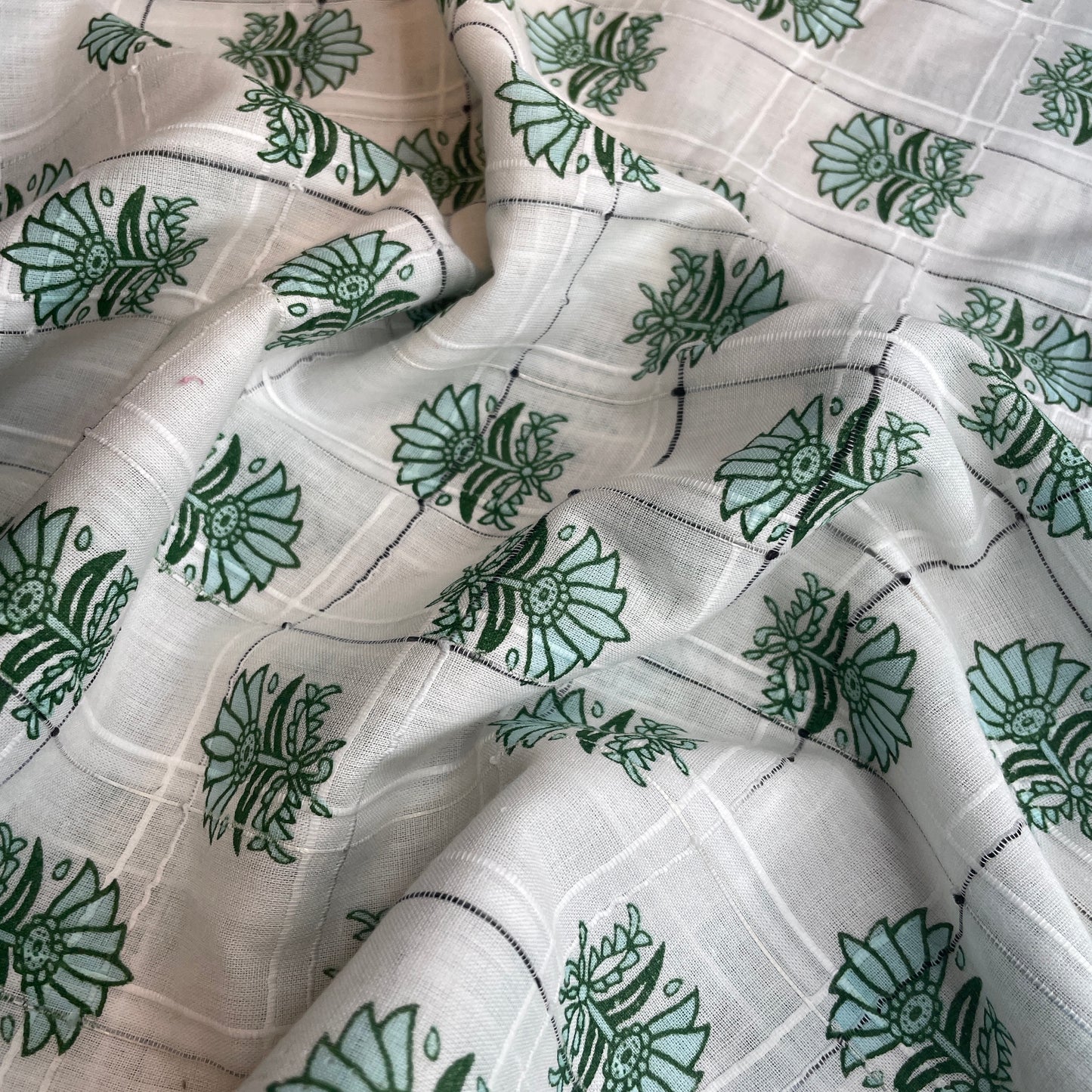 Premium  Cotton White Green Flower Embroidary Fabric