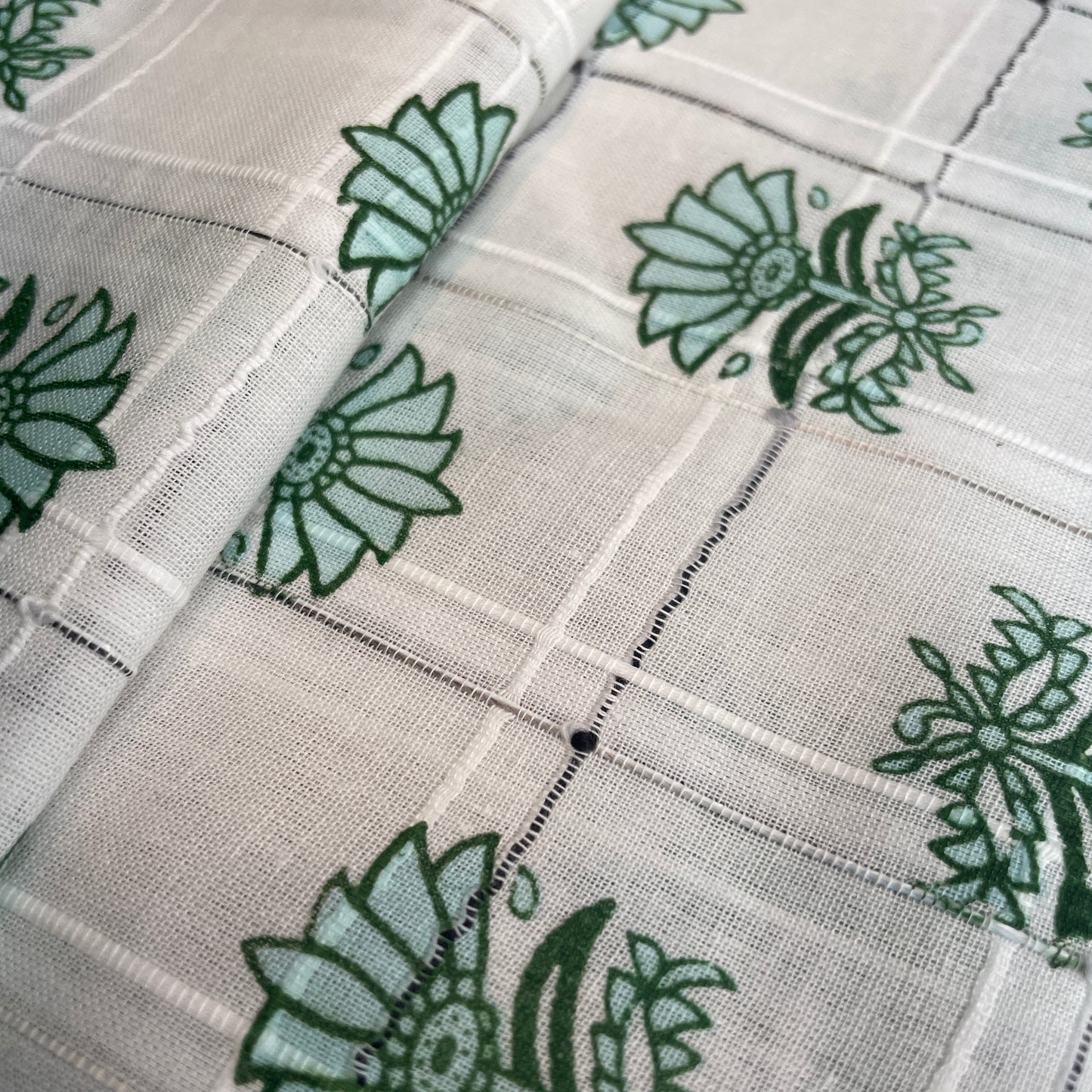 Premium  Cotton White Green Flower Embroidary Fabric