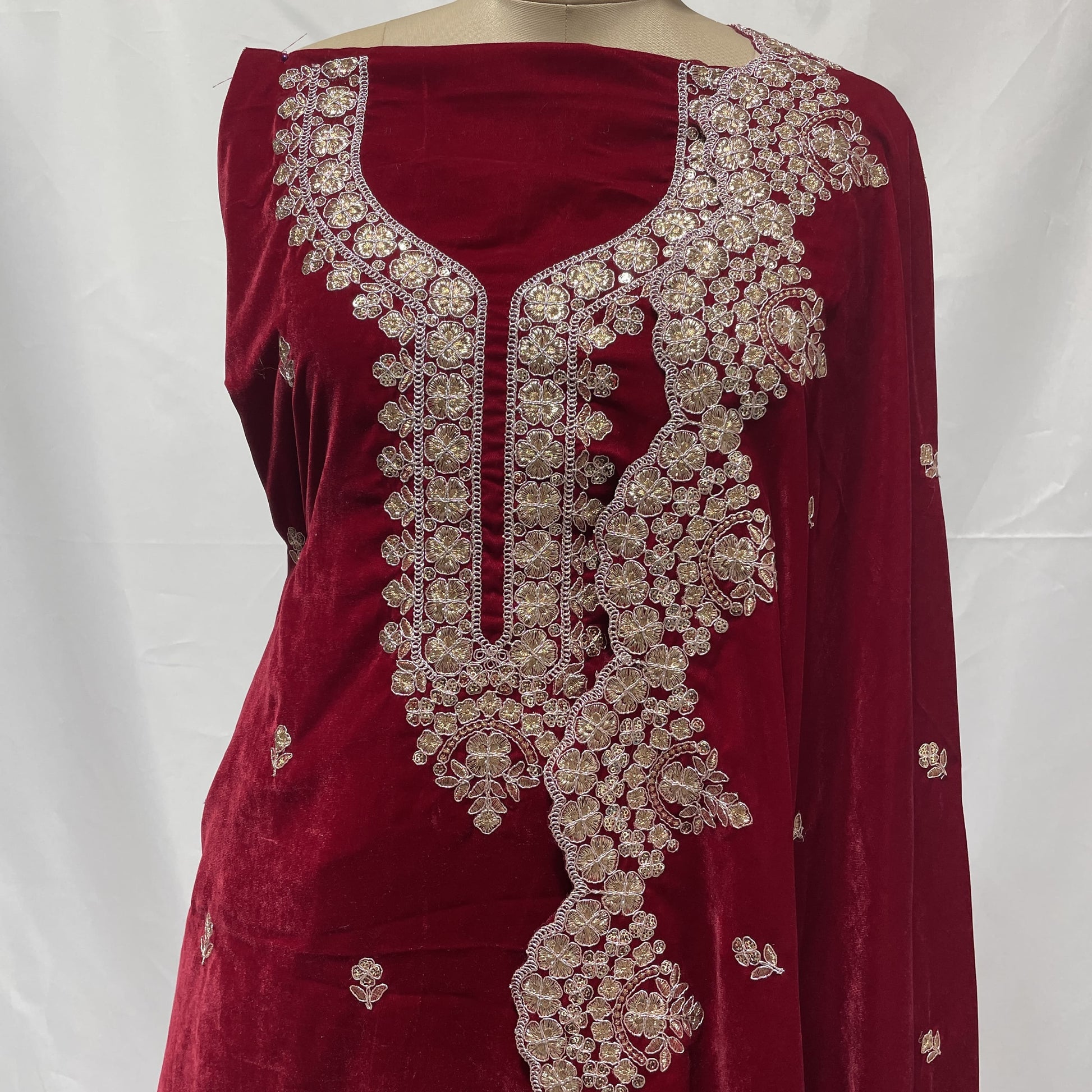 Premium Red Zari Sequence Embroidery Velvet Suit Set With Dupatta