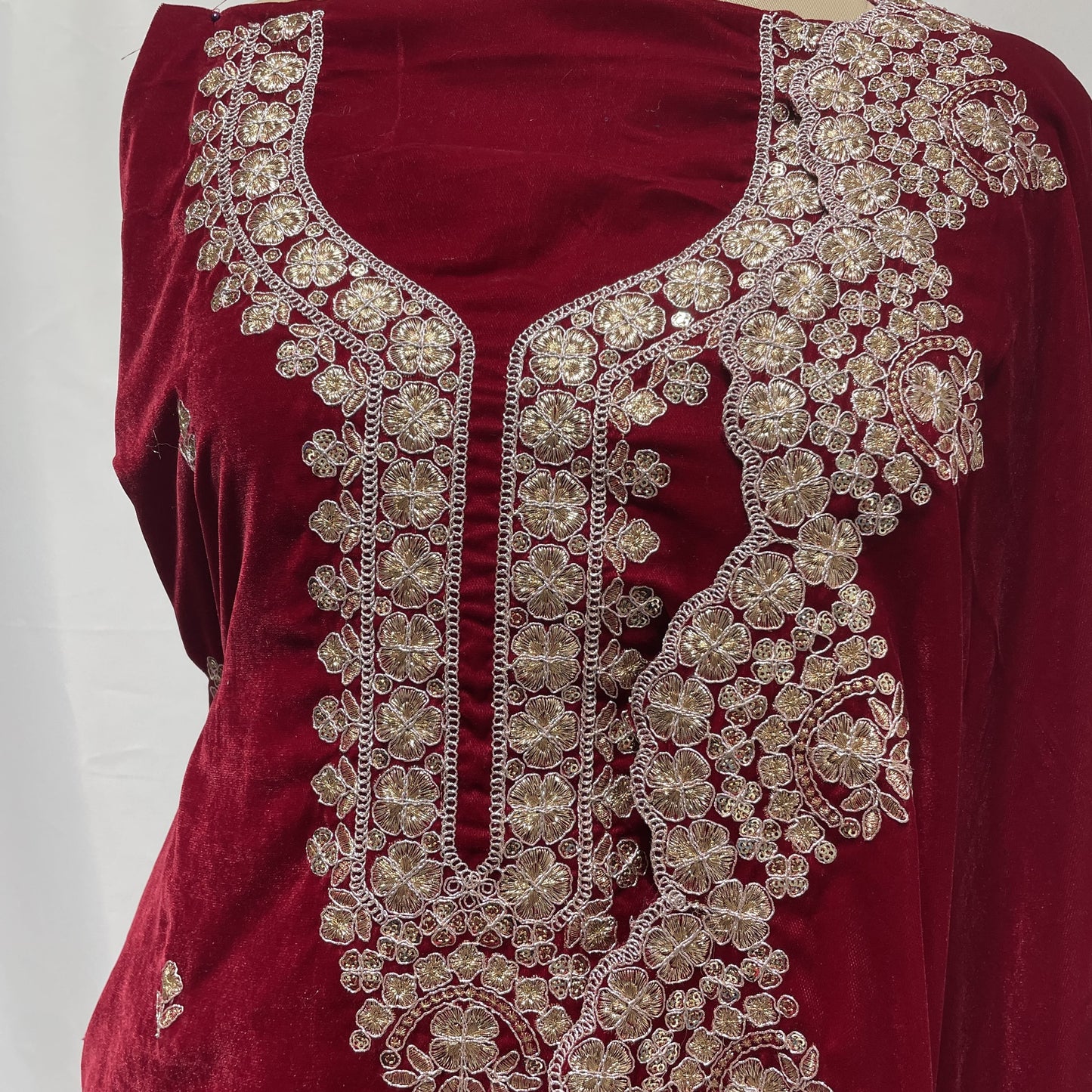 Premium Red Zari Sequence Embroidery Velvet Suit Set With Dupatta