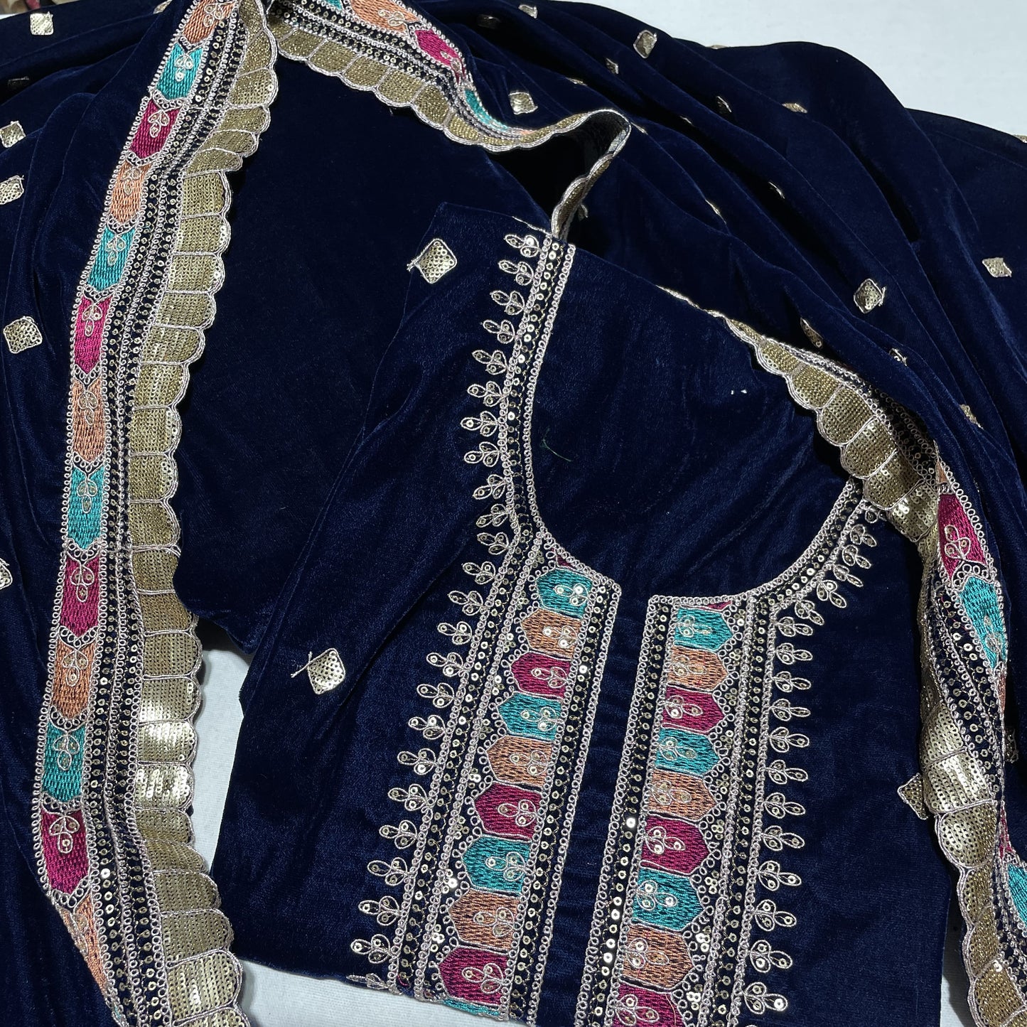 Premium Blue Thread Sequence Embroidery Velvet Suit Set With Dupatta