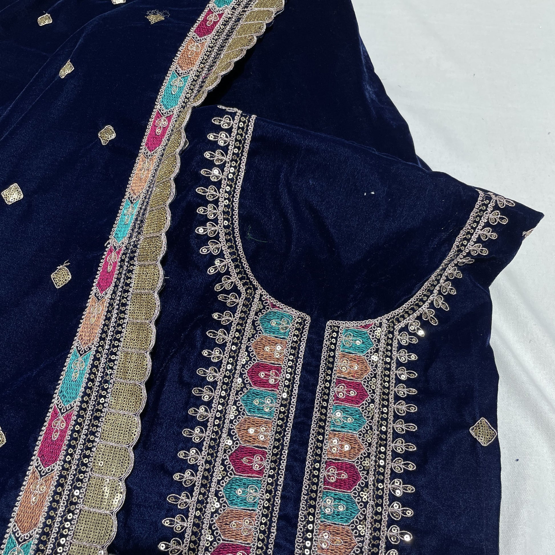 Premium Blue Thread Sequence Embroidery Velvet Suit Set With Dupatta