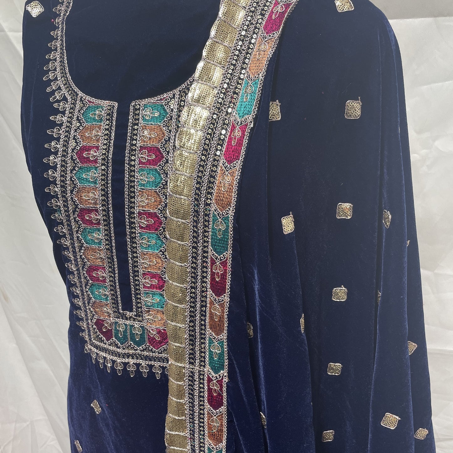 Premium Blue Thread Sequence Embroidery Velvet Suit Set With Dupatta