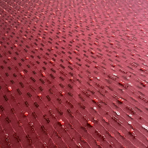 Maroon Floral Sequins Embroidery Net Fabric