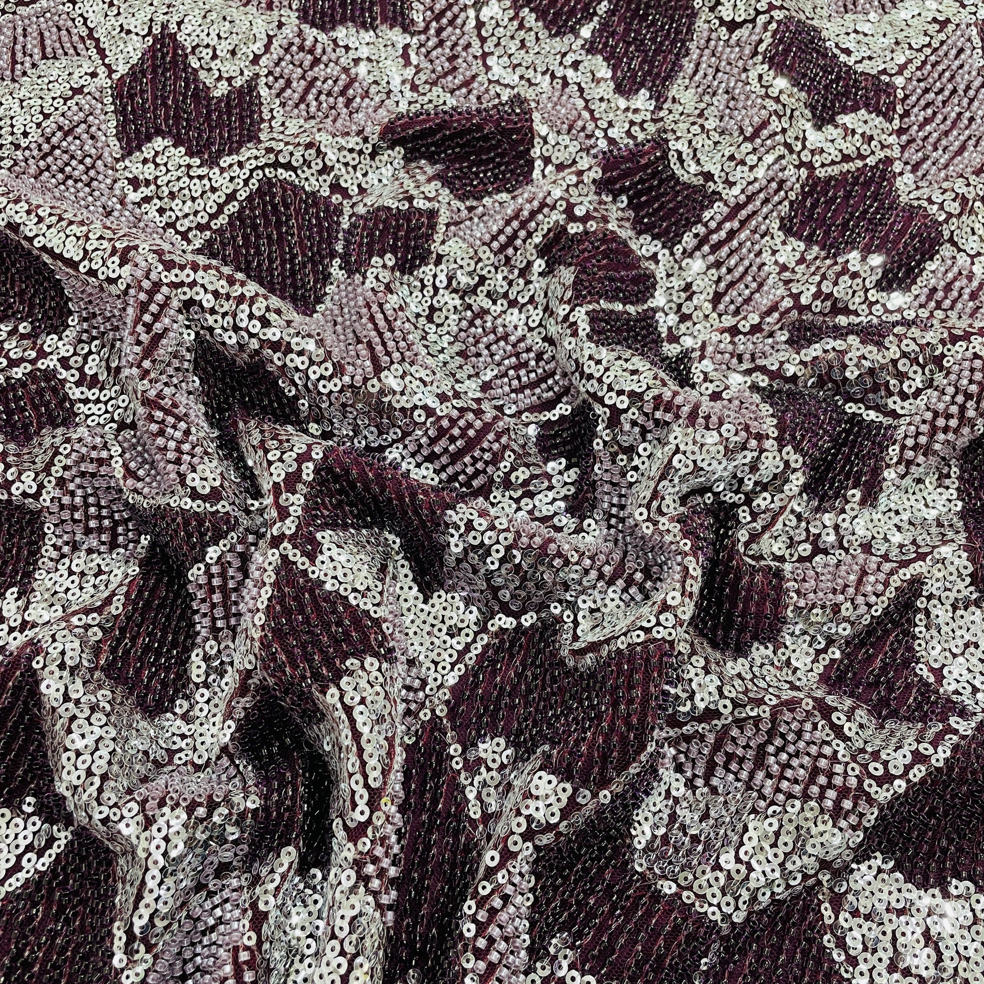 maroon silver beads imported sequence embroidery net fabric