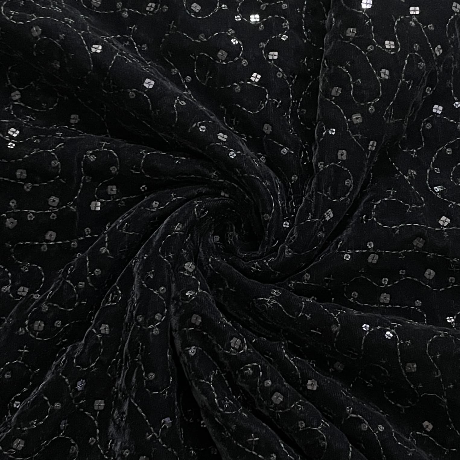 Black Net Fabric with Abstract Sequins Embroidery