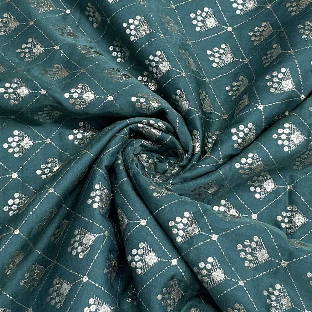 Buy Dark Green Floral With Gold Foil Dupion Silk Fabric Online