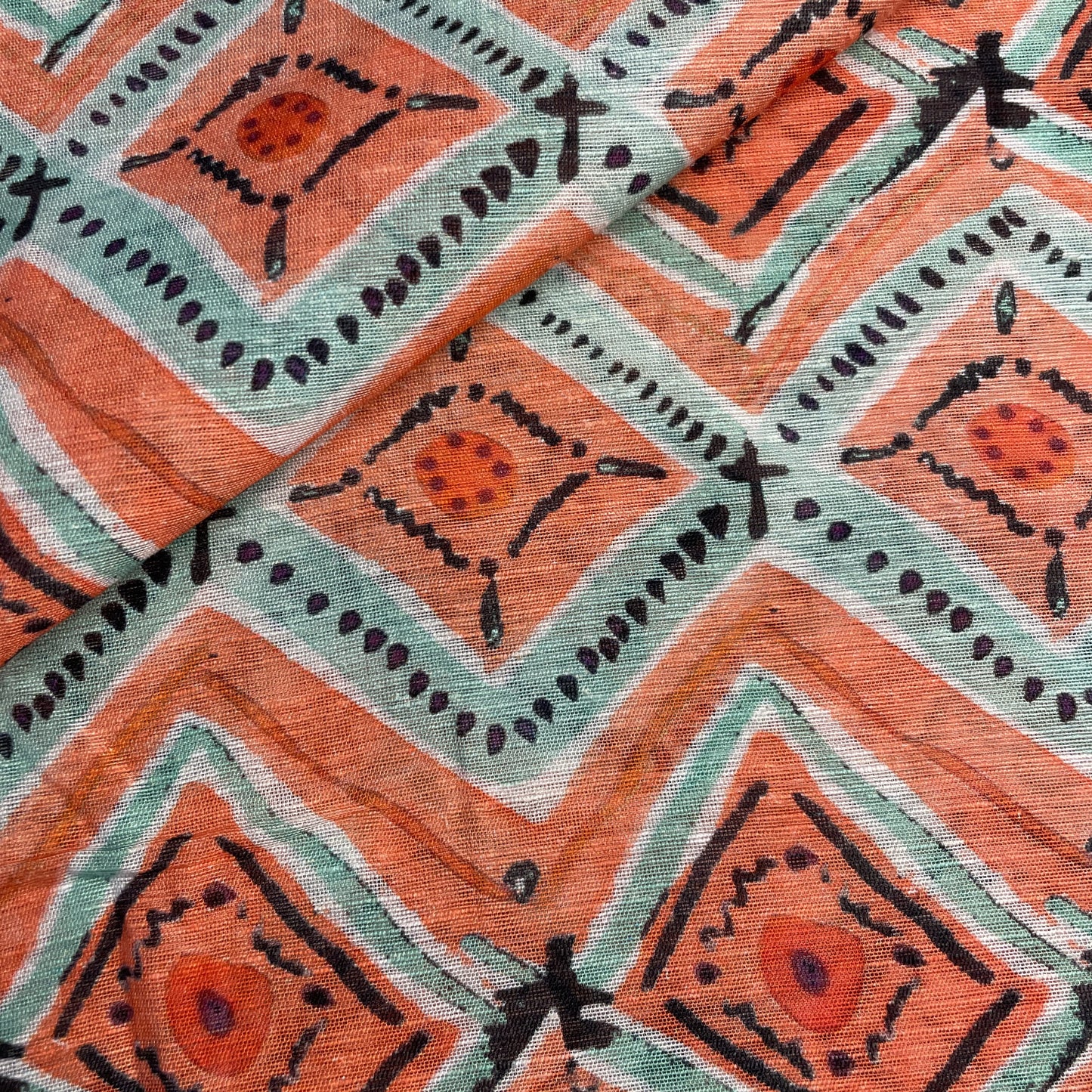 Premium Linen Organza Orange Geomstrical Print Fabric