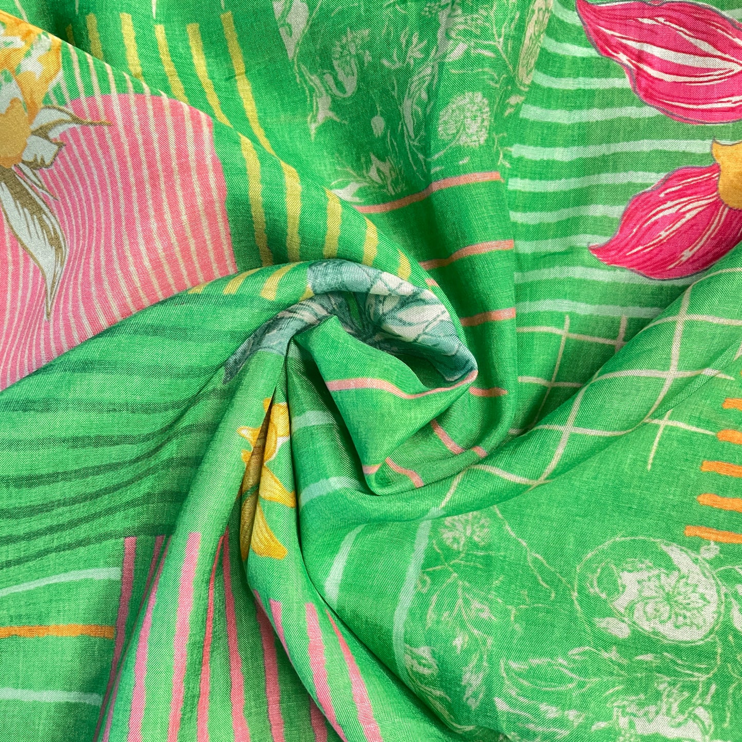 Premium Green Geometrical Print Cotton Silk Fabric