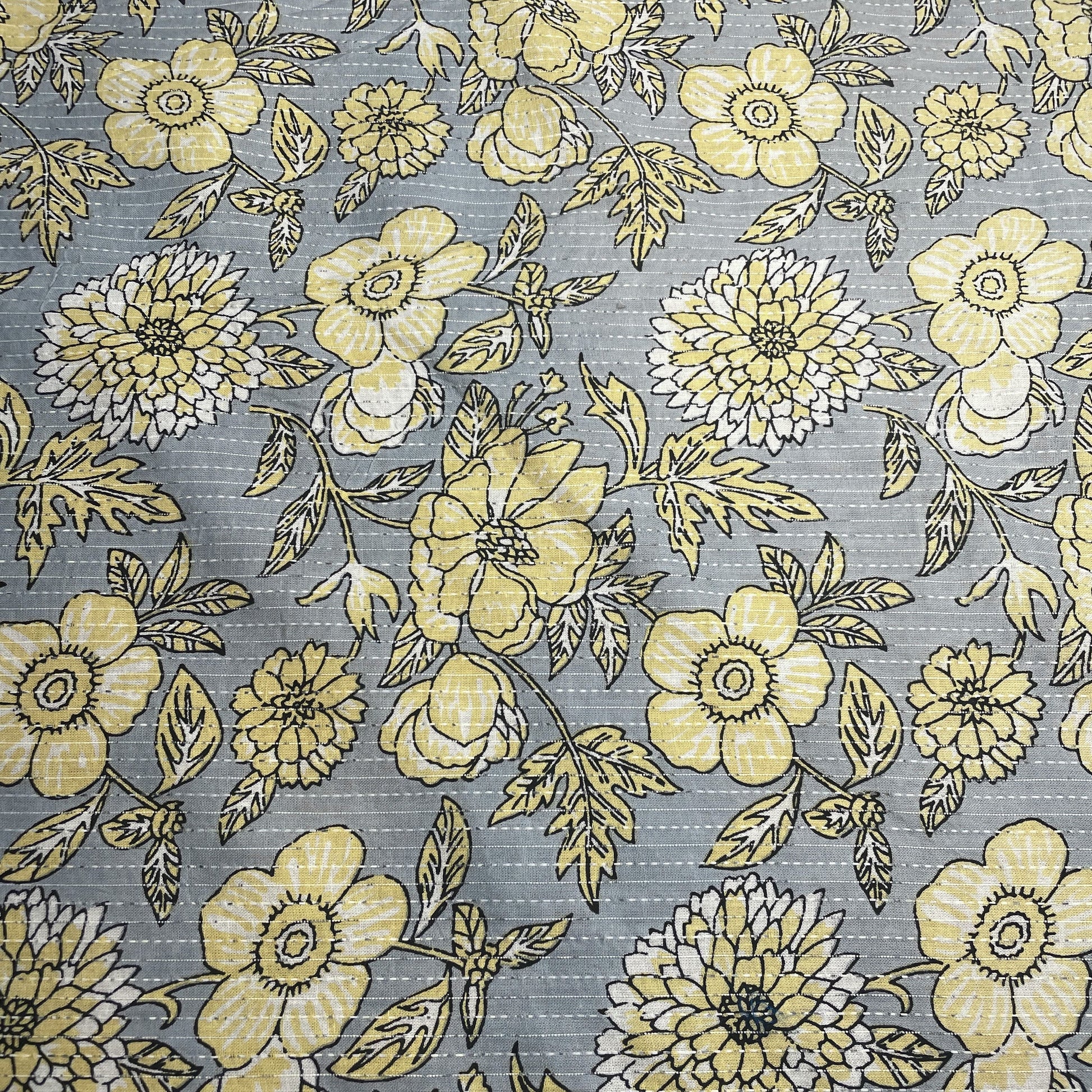 Grey & Yellow Floral Kantha Cotton Fabric