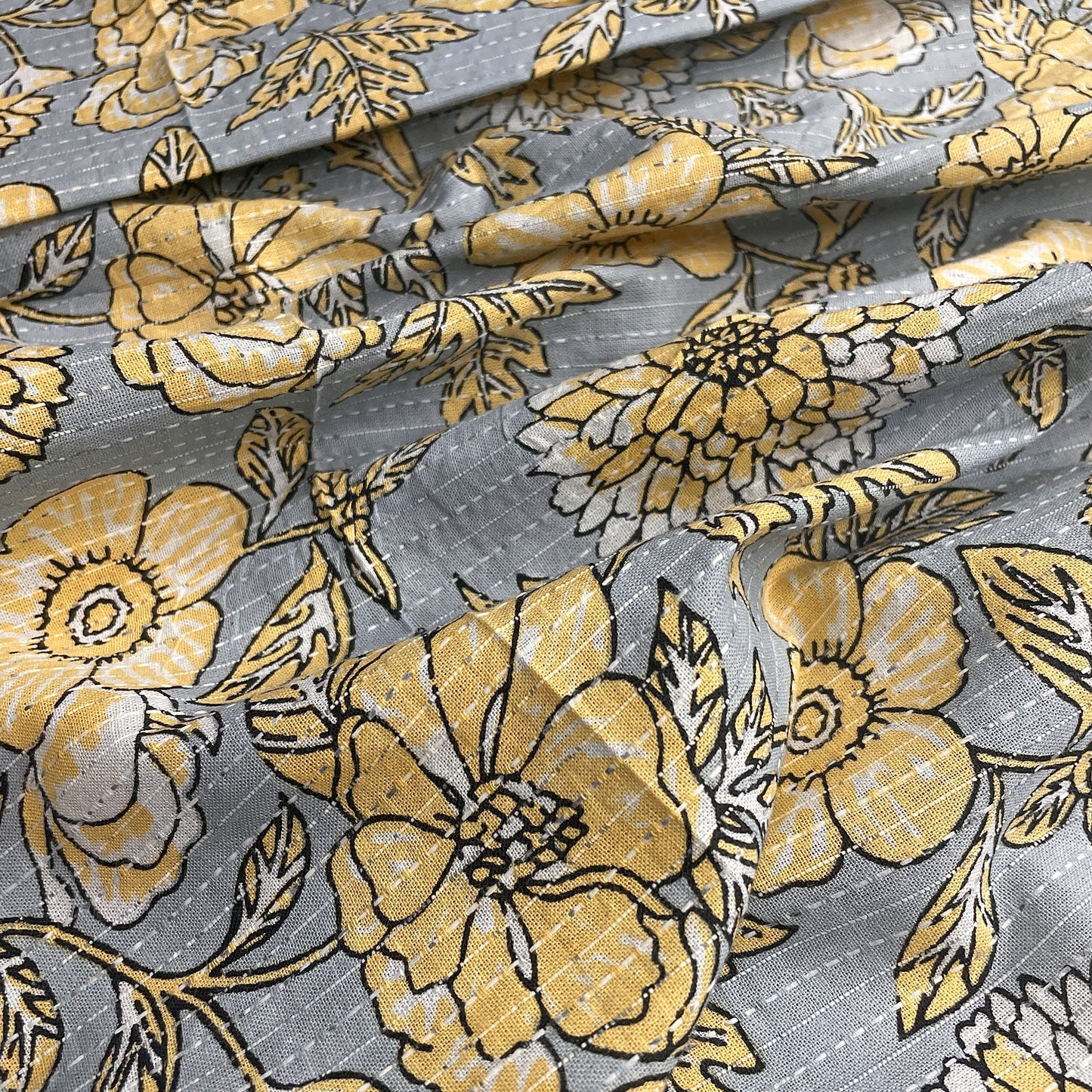 Grey & Yellow Floral Kantha Cotton Fabric