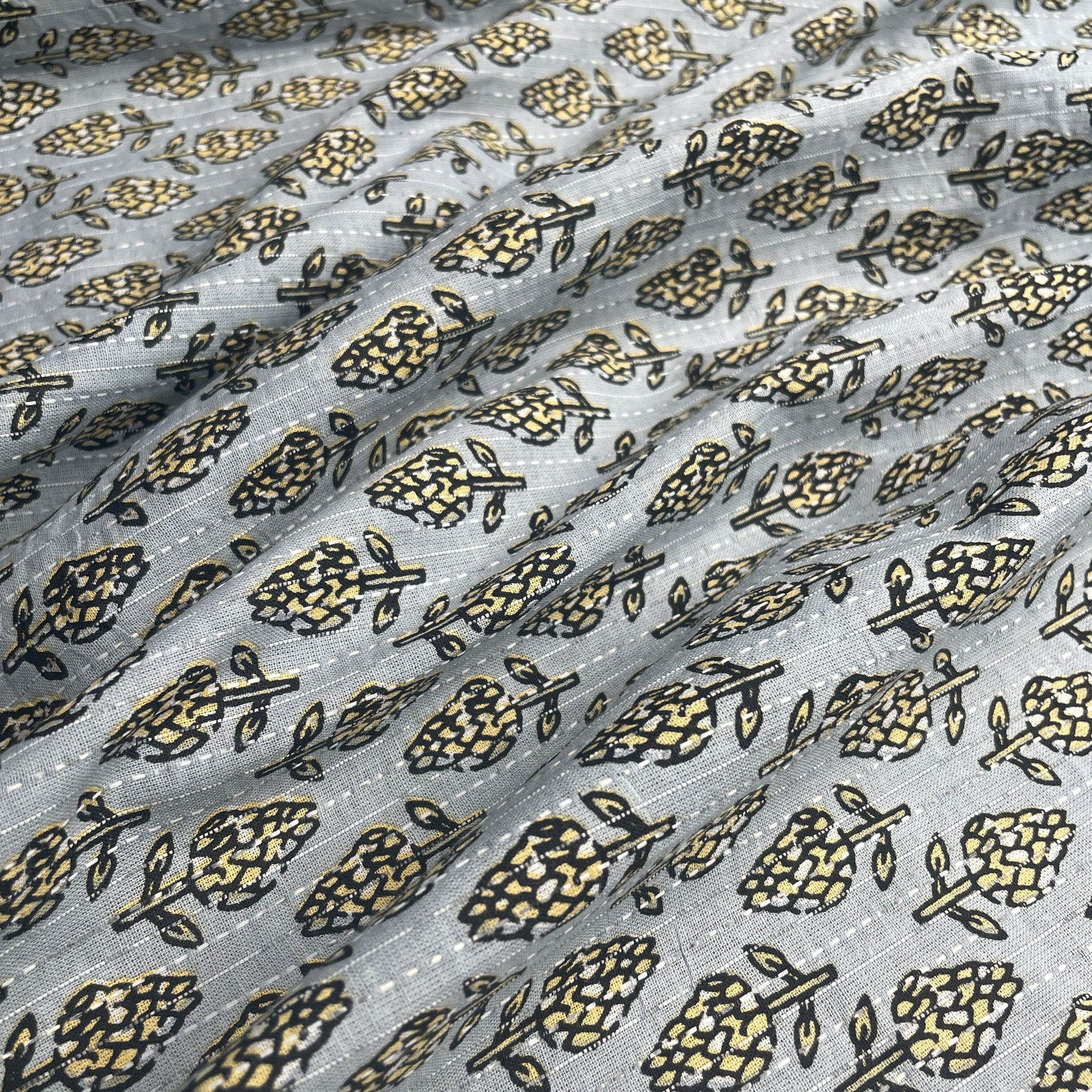 Grey & Yellow Handblock Kantha  Cotton Fabric