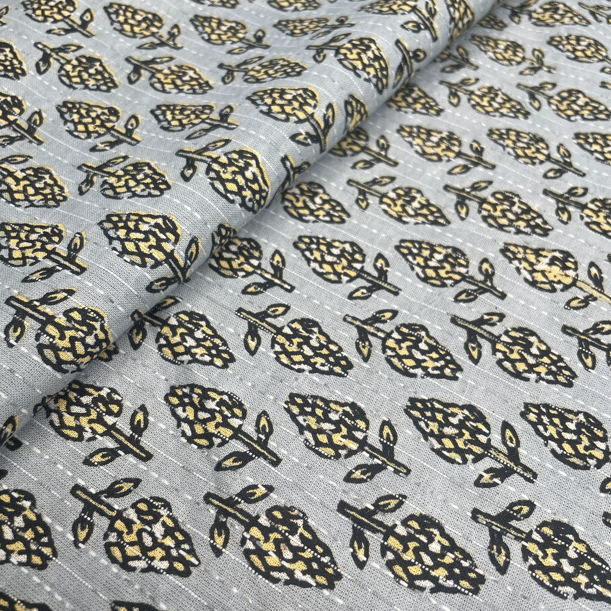 Grey & Yellow Handblock Kantha  Cotton Fabric