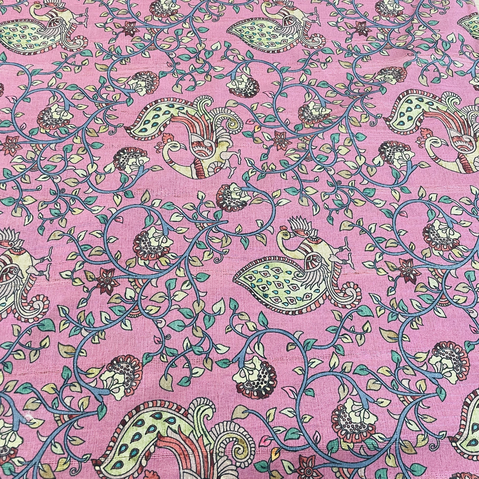 Dull Pink & Multicolor Floral Slub Tusser Silk Fabric