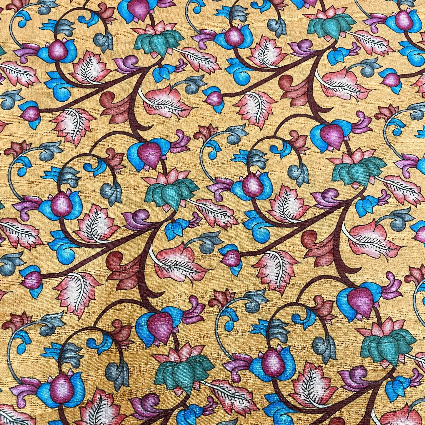 Mustard Yellow & Multicolor Floral Slub Tusser Silk Fabric