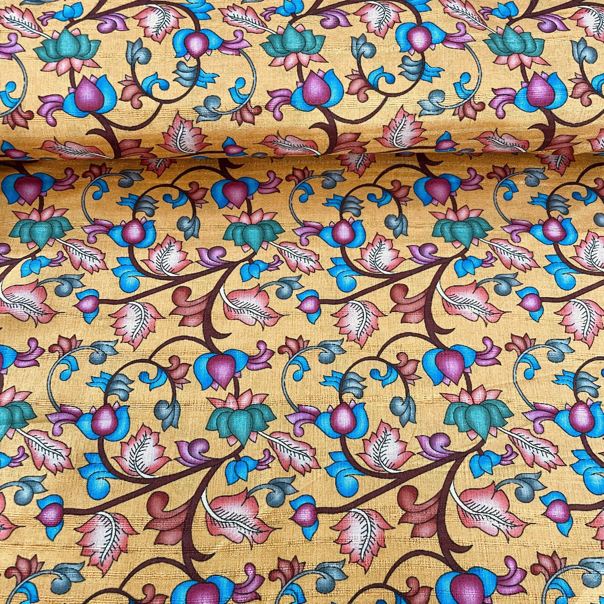 Mustard Yellow & Multicolor Floral Slub Tusser Silk Fabric