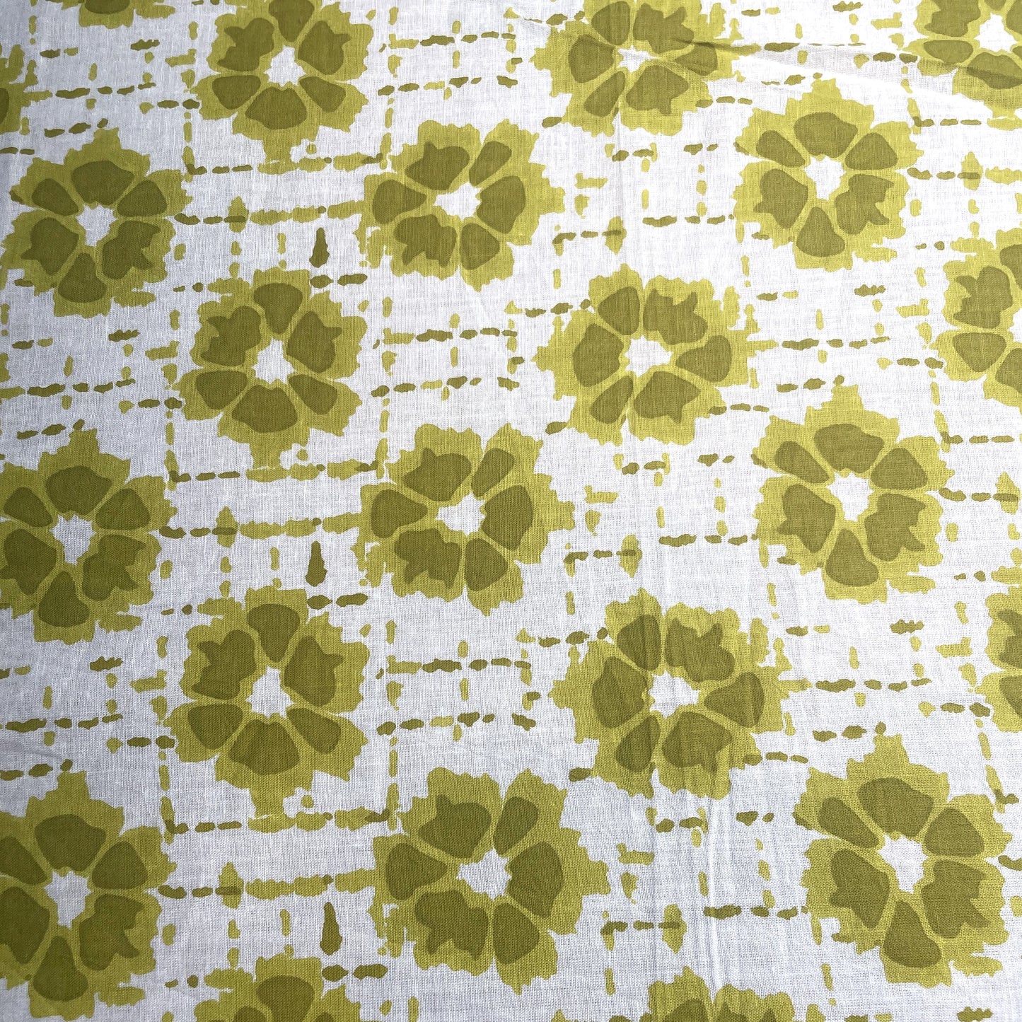 White Olive Green Flower Print Cotton Fabric