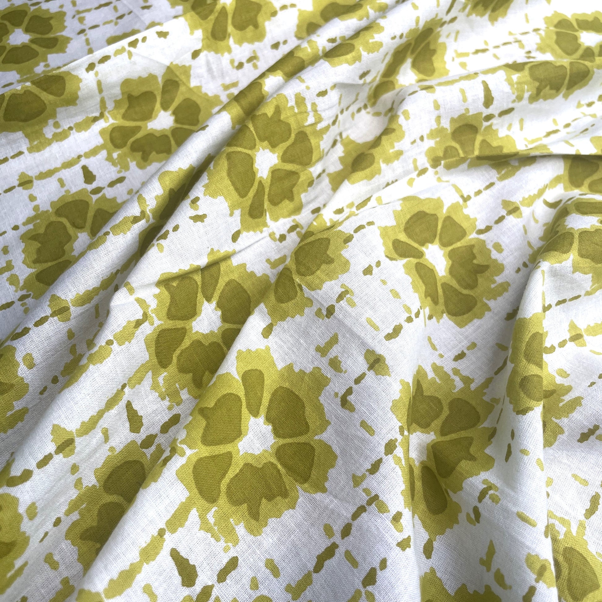 White Olive Green Flower Print Cotton Fabric
