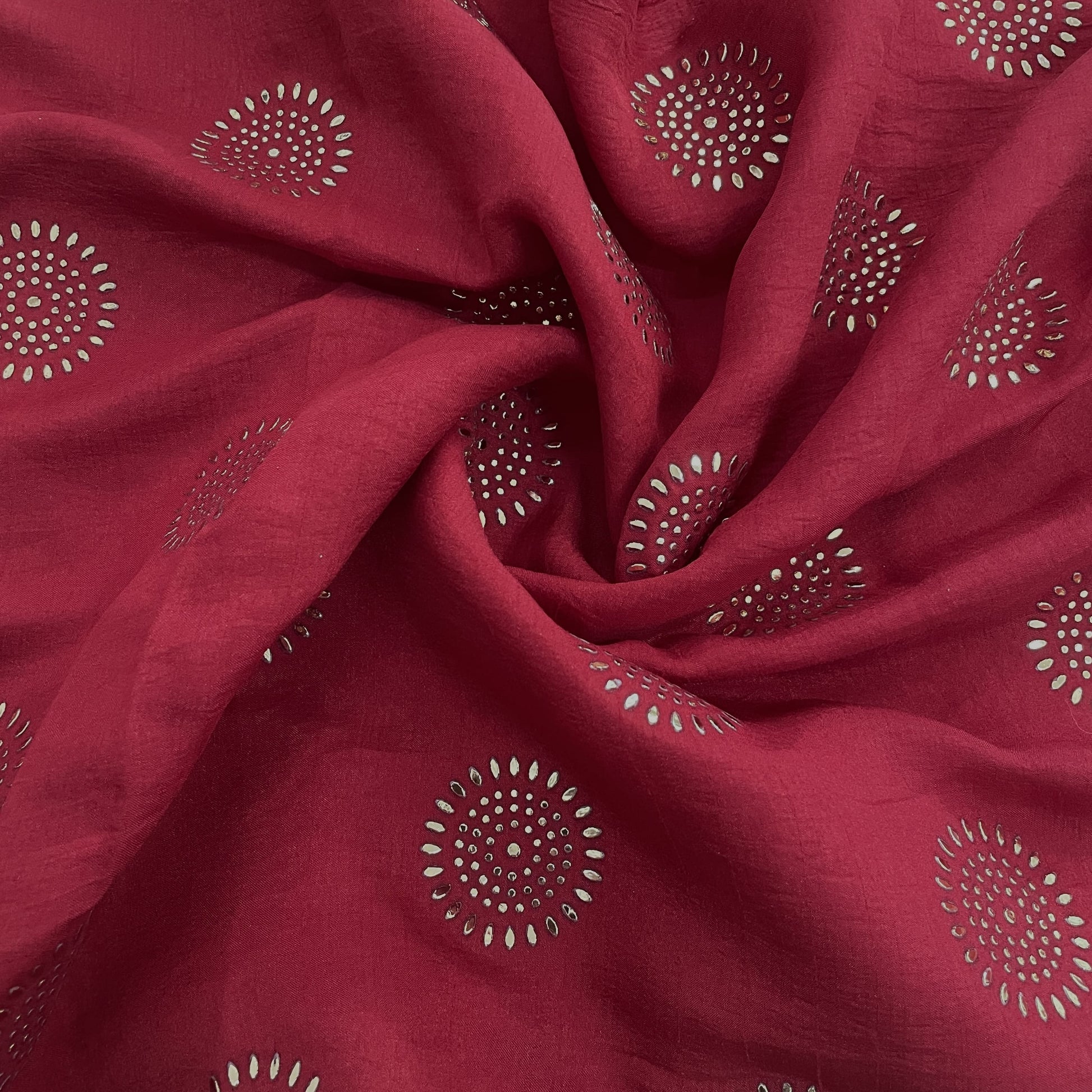 Premium Maroon Mukaish Work Bemberg Silk Fabric