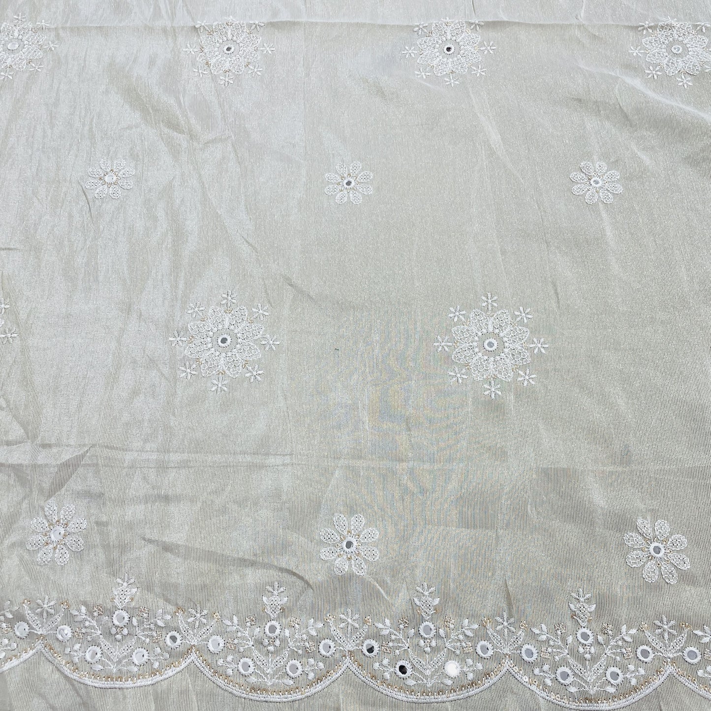 Exclusive Off White Floral With Mirror Work Sequence Embroidery Tissue Fabric