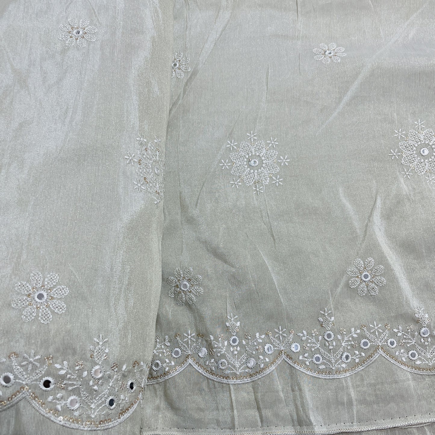 Exclusive Off White Floral With Mirror Work Sequence Embroidery Tissue Fabric