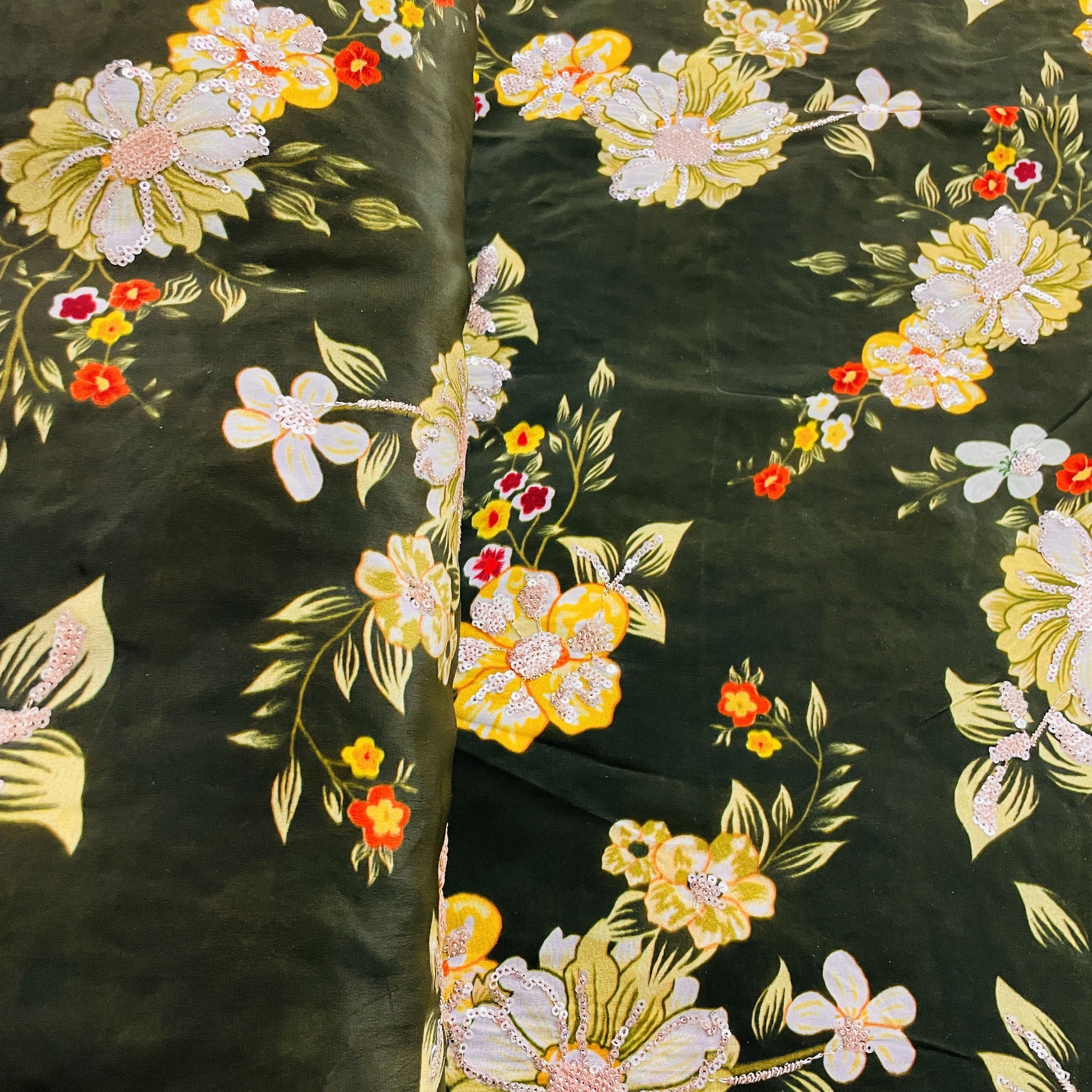 Premium Olive Green Floral Sequence Embroidery Natural Crape Fabric