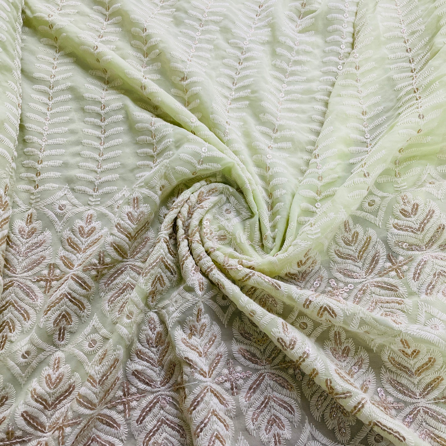 Green Zari Sequence Thread Embrodiery Georgette Fabric