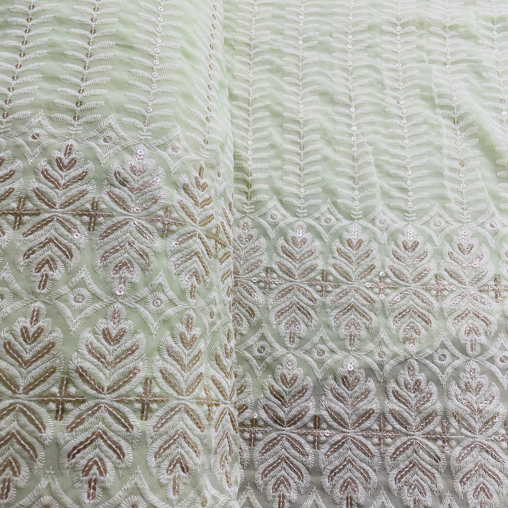 Green Zari Sequence Thread Embrodiery Georgette Fabric