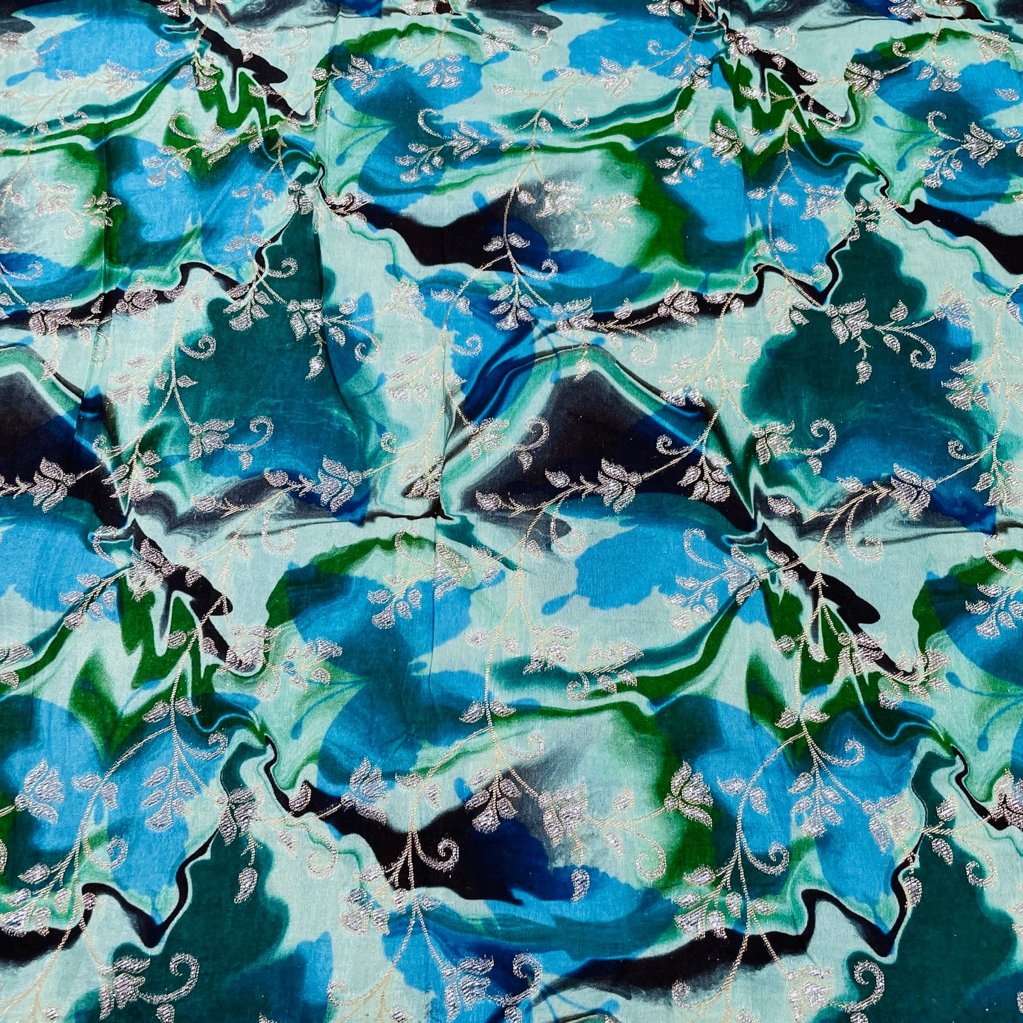 Exclusive Sea Blue & Green Floral Print Dola Silk Jacquard Fabric