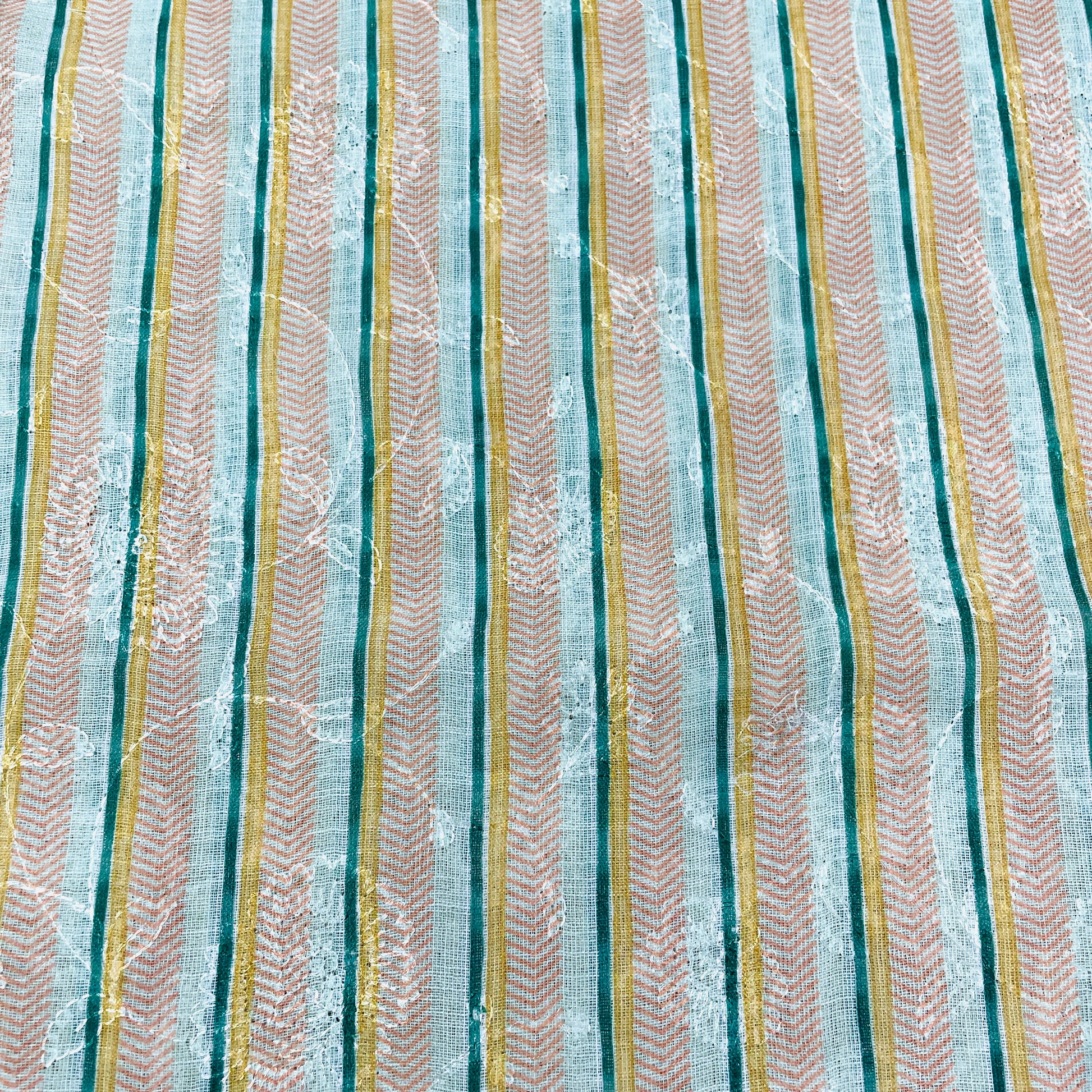 Green Stripe Sequence Embroidery Linen Fabric - TradeUNO