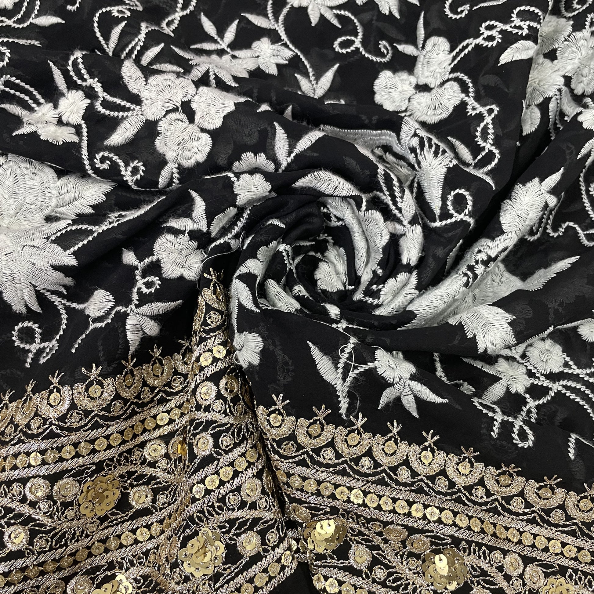 Classic Black Parsi Gara Zari Embroidery Georgette Fabric