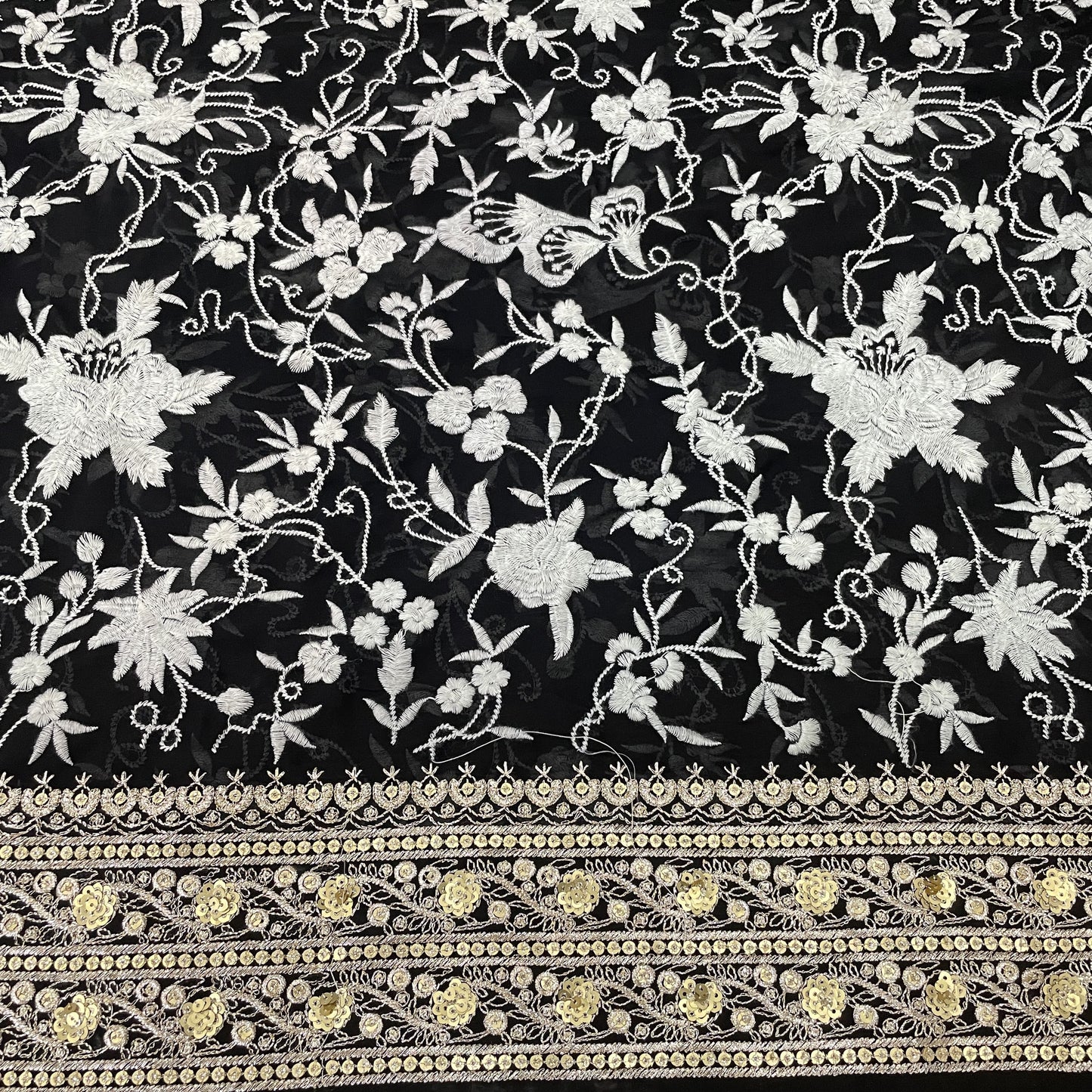 Classic Black Parsi Gara Zari Embroidery Georgette Fabric