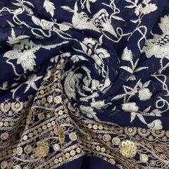 Classic Blue Parsi Gara Zarii Embroidery Georgette Fabric