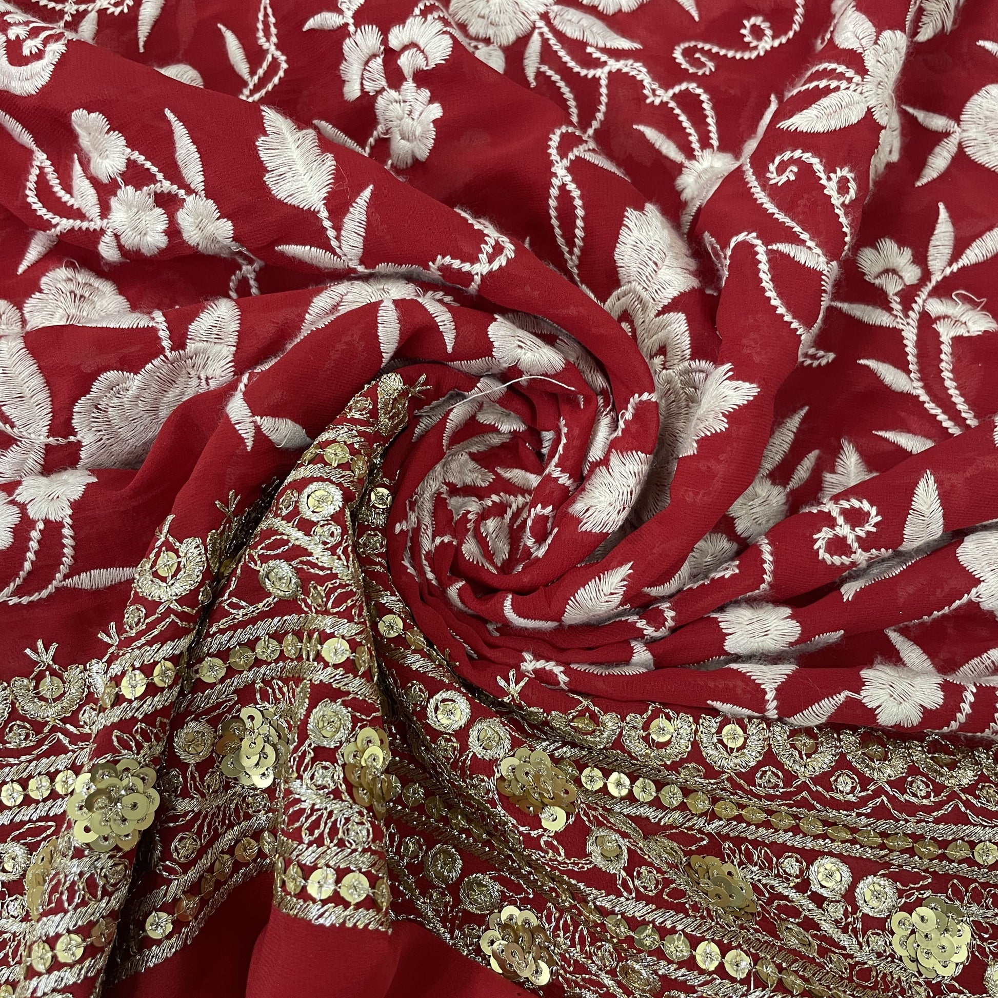 Red Indian Embroidered Fabric by the Yard Georgette Embroidery