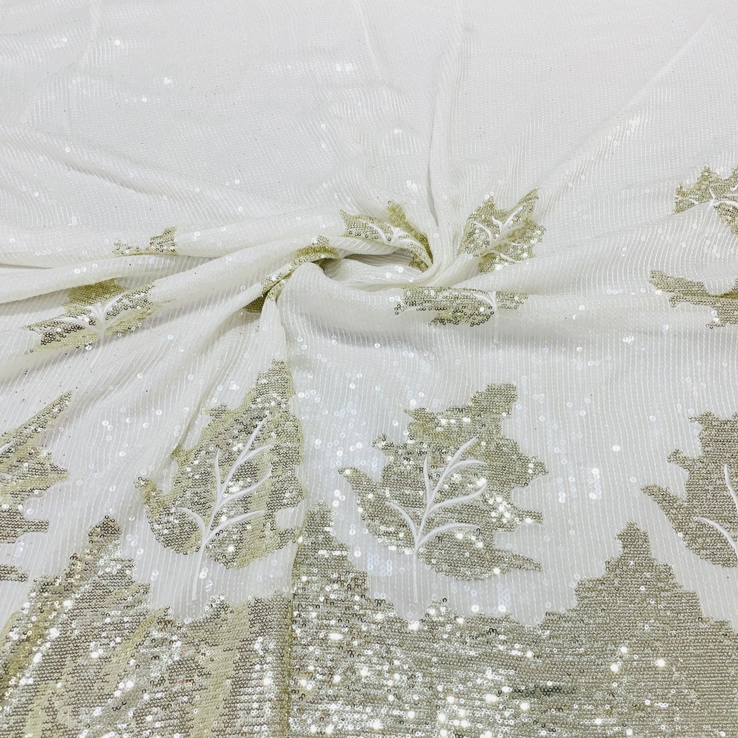 White & Golden Sequence Embroidery Georgette Fabric