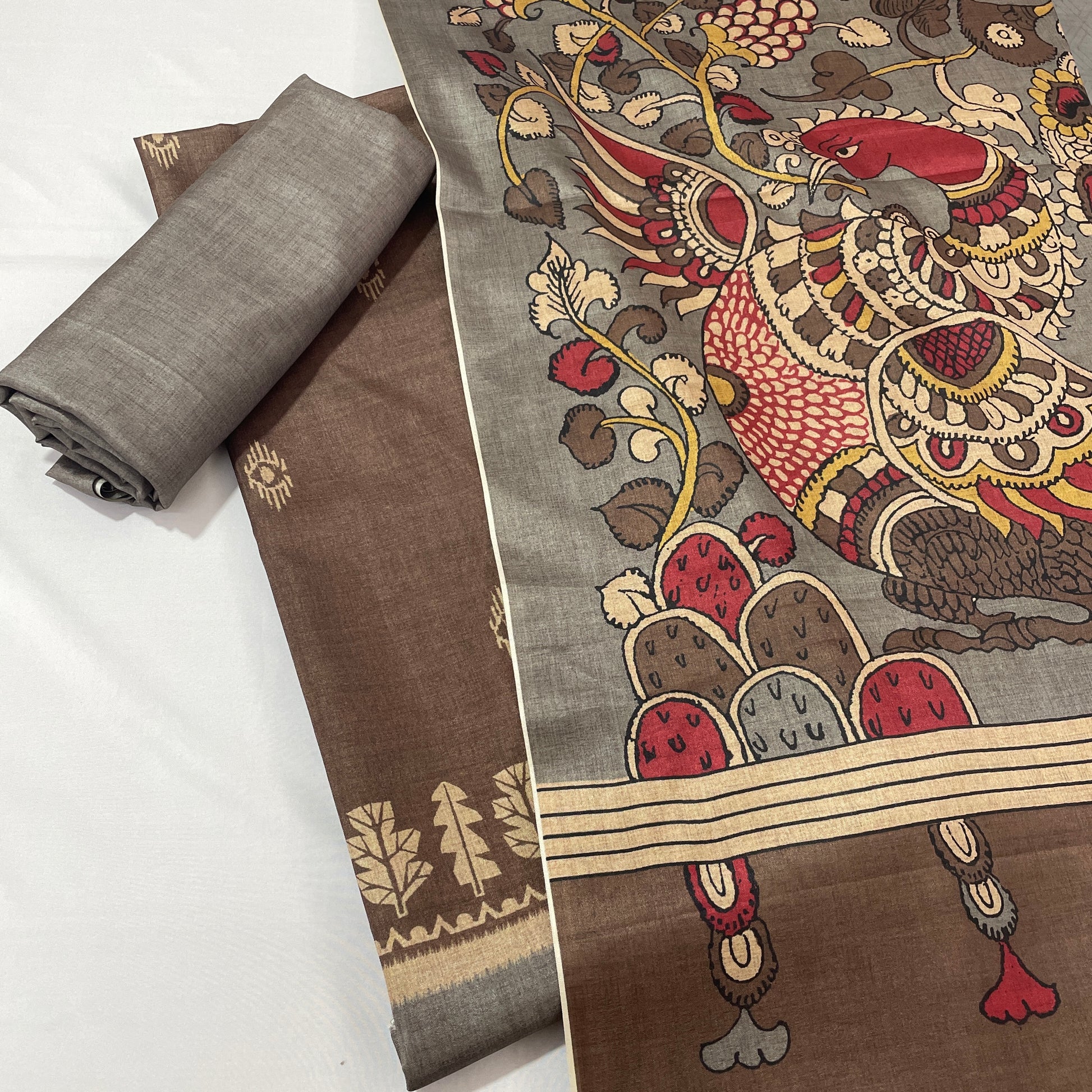 Grey & Multicolor Floral Print Ghicha Silk Suit Set KC-9715 - TradeUNO