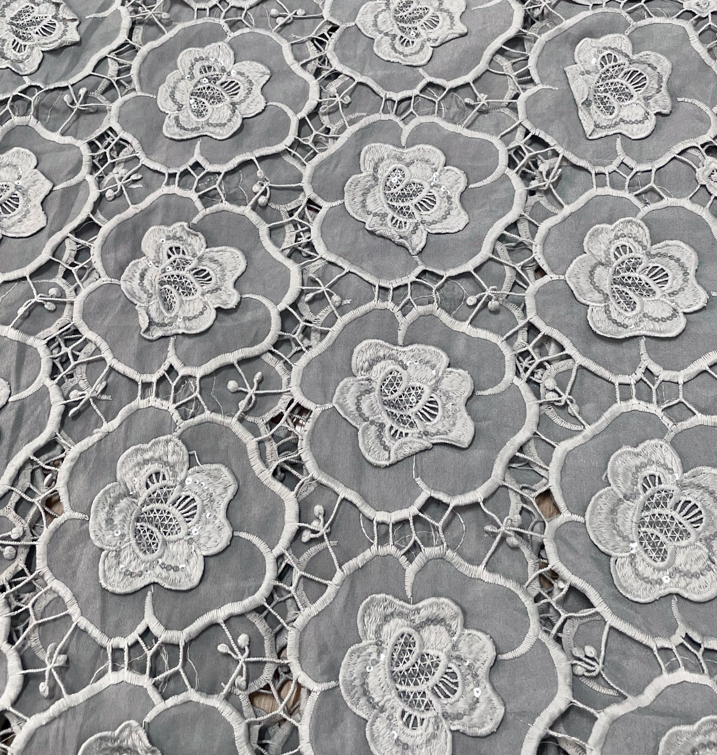 Premium Grey 3D Floral Sequins Embroidery Schiffli Crepe Fabric