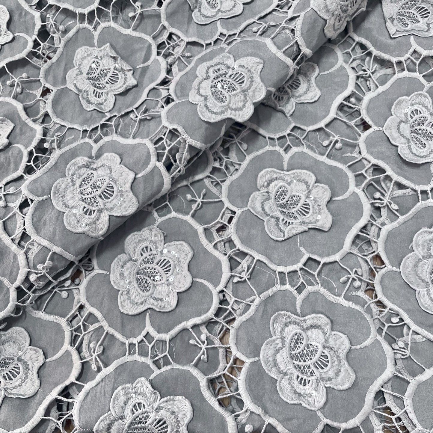 Premium Grey 3D Floral Sequins Embroidery Schiffli Crepe Fabric